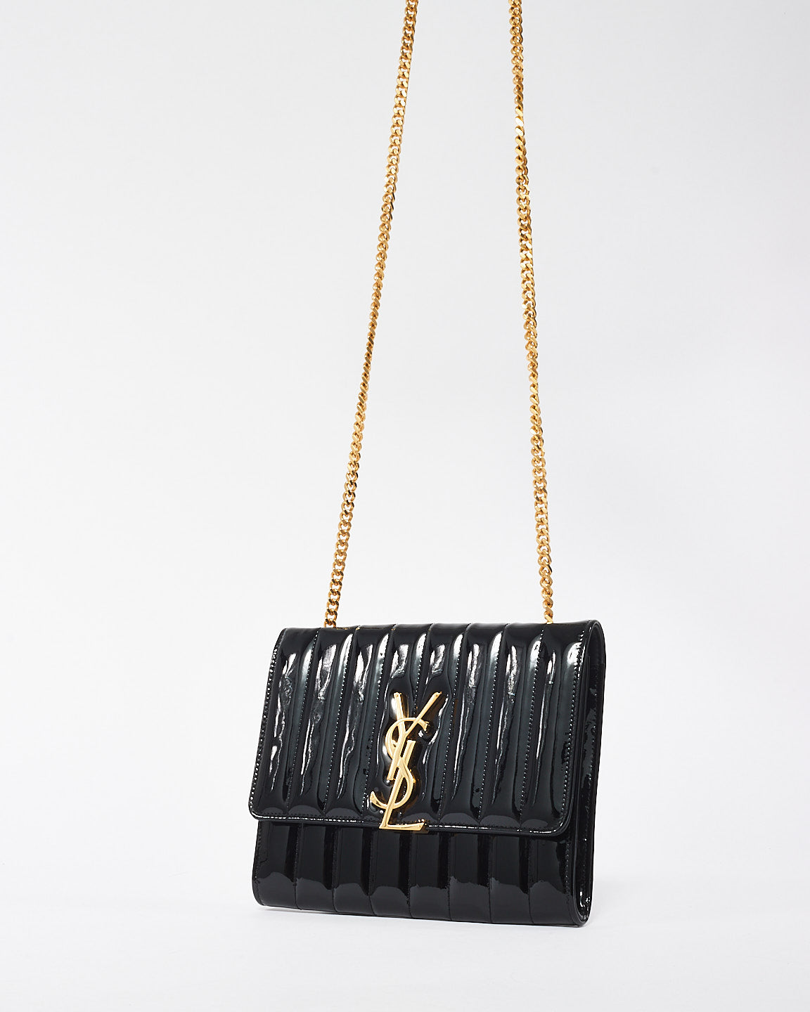 Saint Laurent Black Patent Leather Matelasse Wallet on Chain Vicky Crossbody Bag