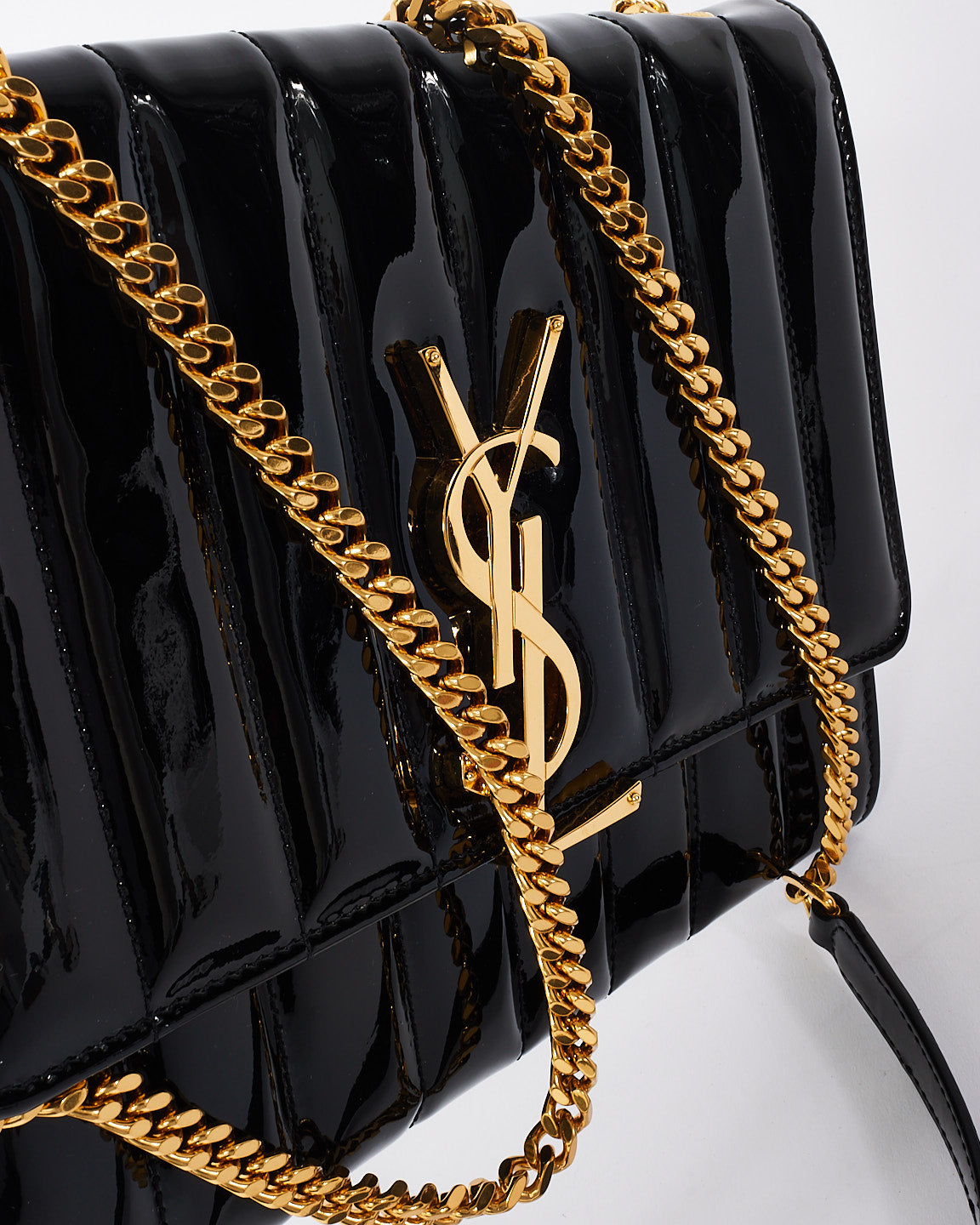 Saint Laurent Black Patent Leather Matelasse Wallet on Chain Vicky Crossbody Bag