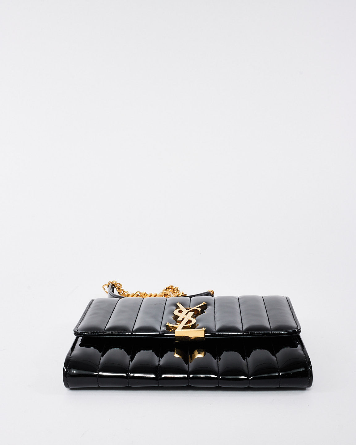 Saint Laurent Black Patent Leather Matelasse Wallet on Chain Vicky Crossbody Bag