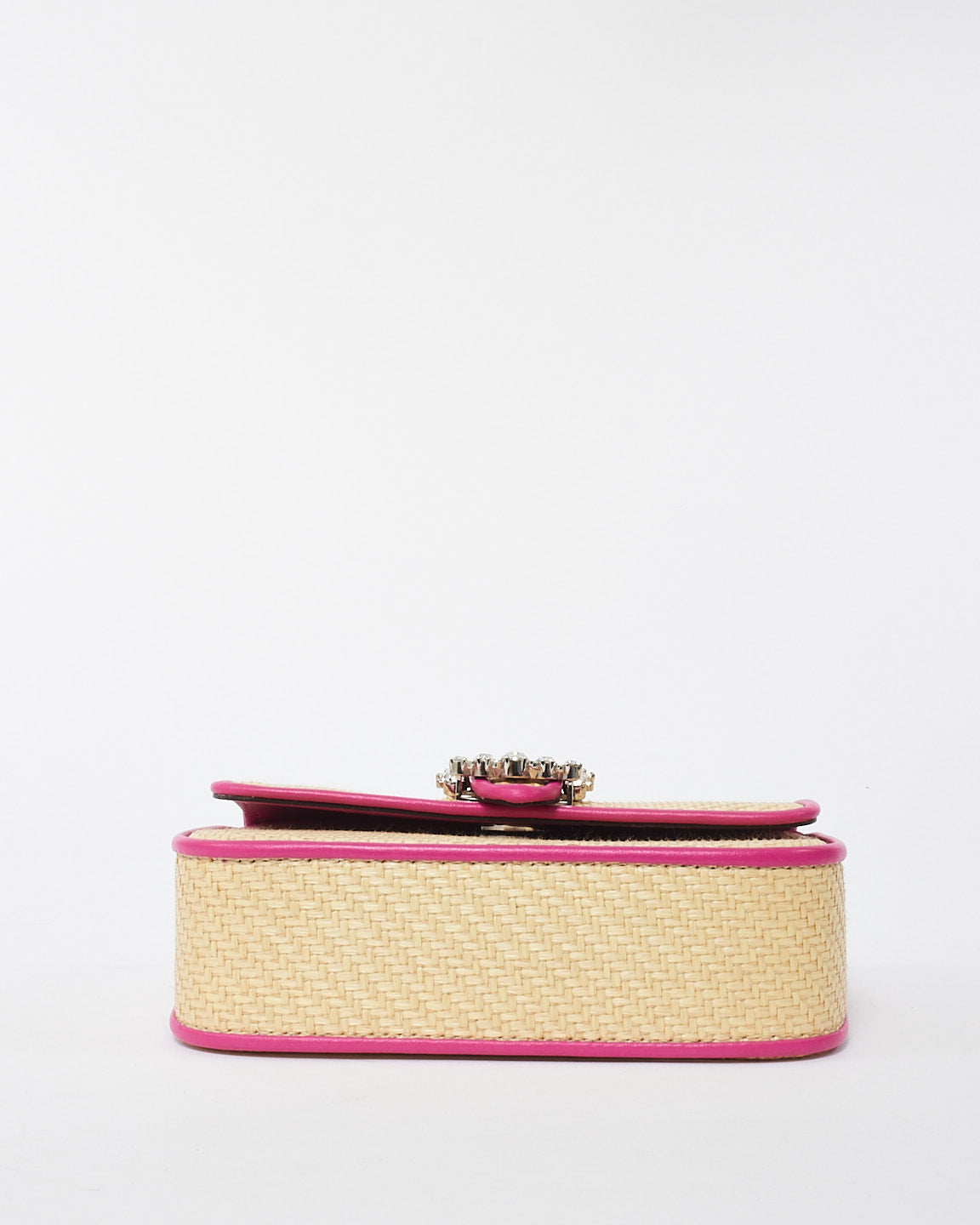 Jimmy Choo Pink Leather Trim Raffia Crystal Embellished Buckle Crossbody Bag