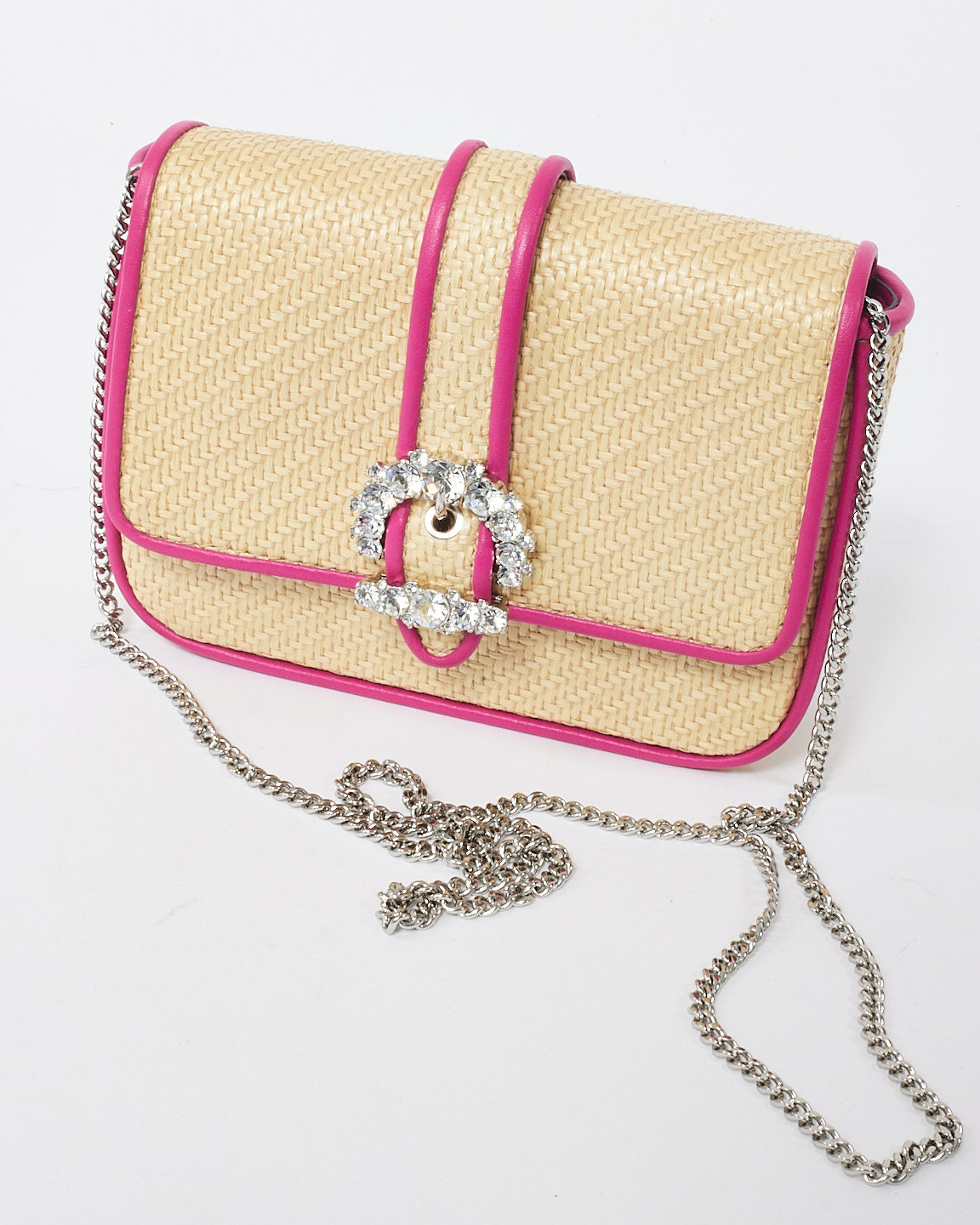 Jimmy Choo Pink Leather Trim Raffia Crystal Embellished Buckle Crossbody Bag