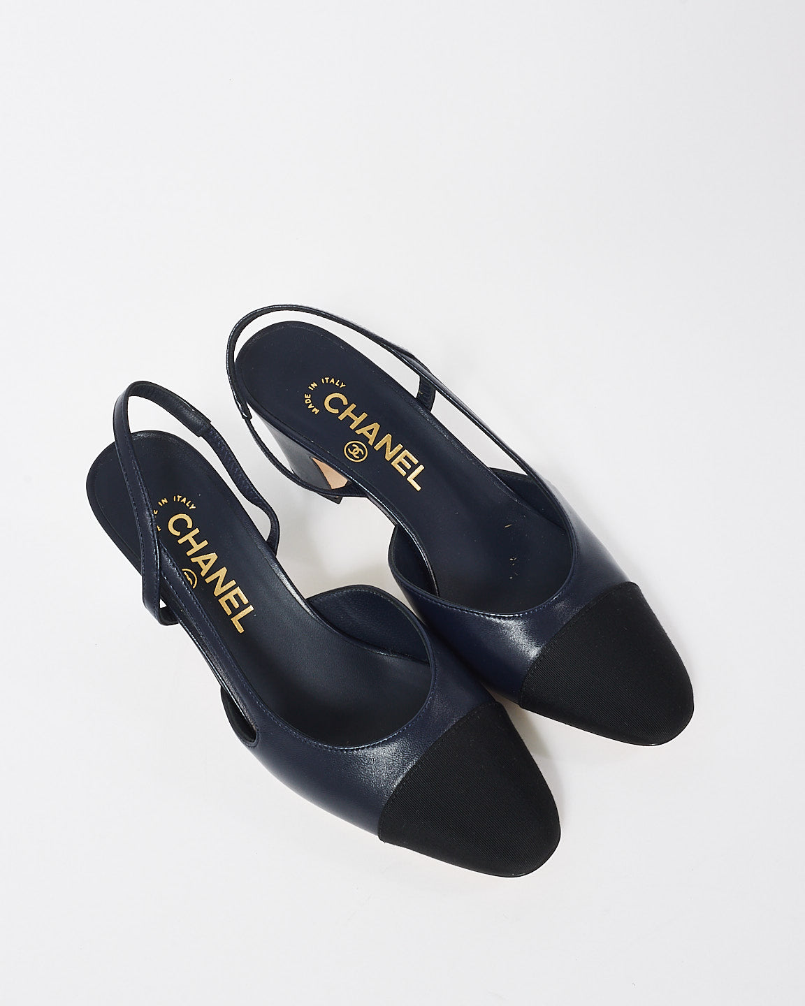 Chanel Navy and Black Leather Block Heel Slingbacks - 37