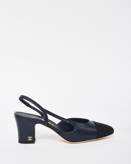 Chanel Navy and Black Leather Block Heel Slingbacks - 37