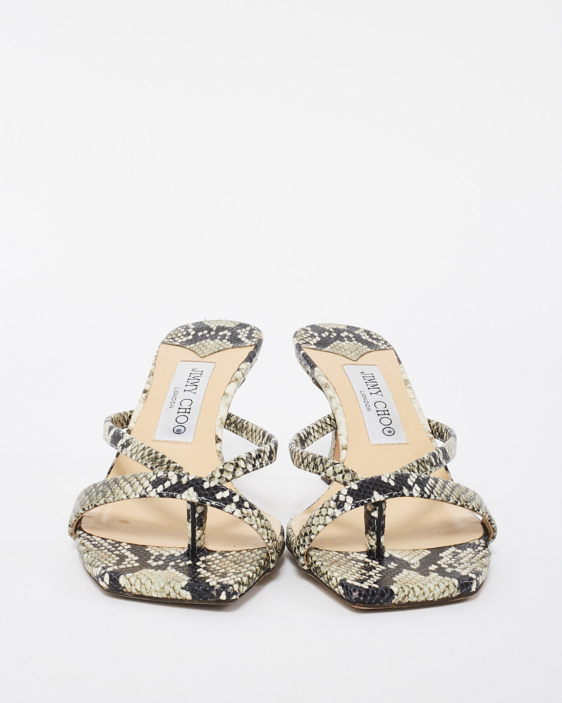 Jimmy Choo Black 
White Snake Print Leather Maelie 70mm Sandals - 37.5