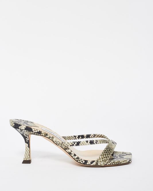 Jimmy Choo Black 
White Snake Print Leather Maelie 70mm Sandals - 37.5