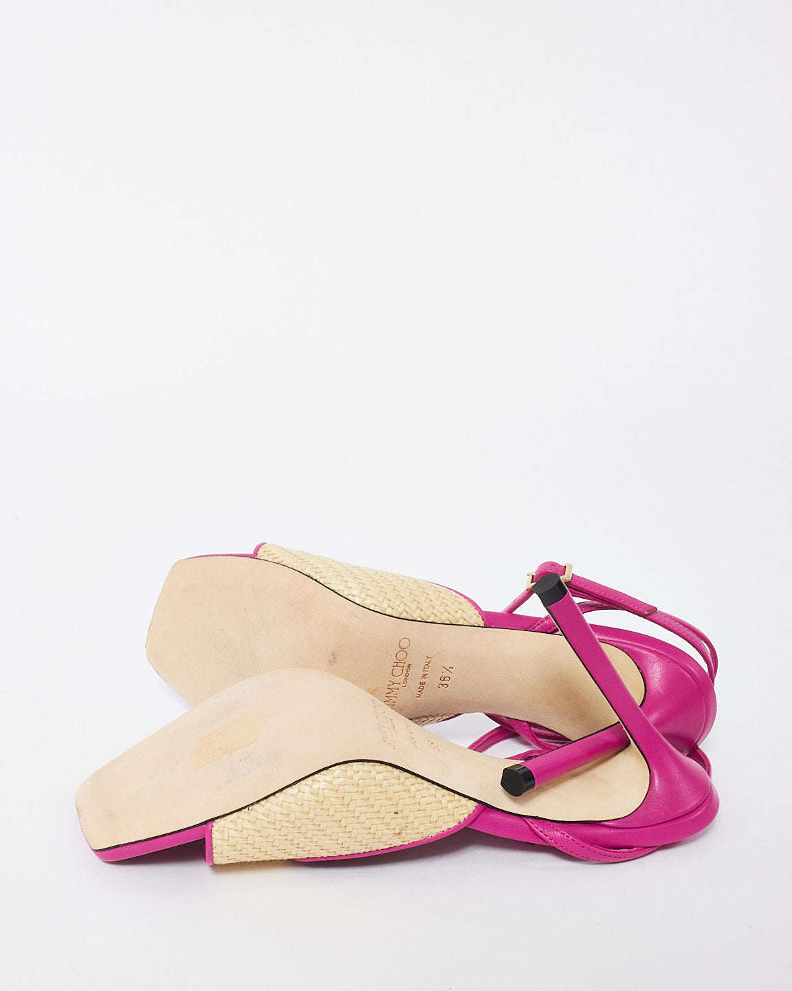 Jimmy Choo Pink Leather and Raffia Sandals - 36.5