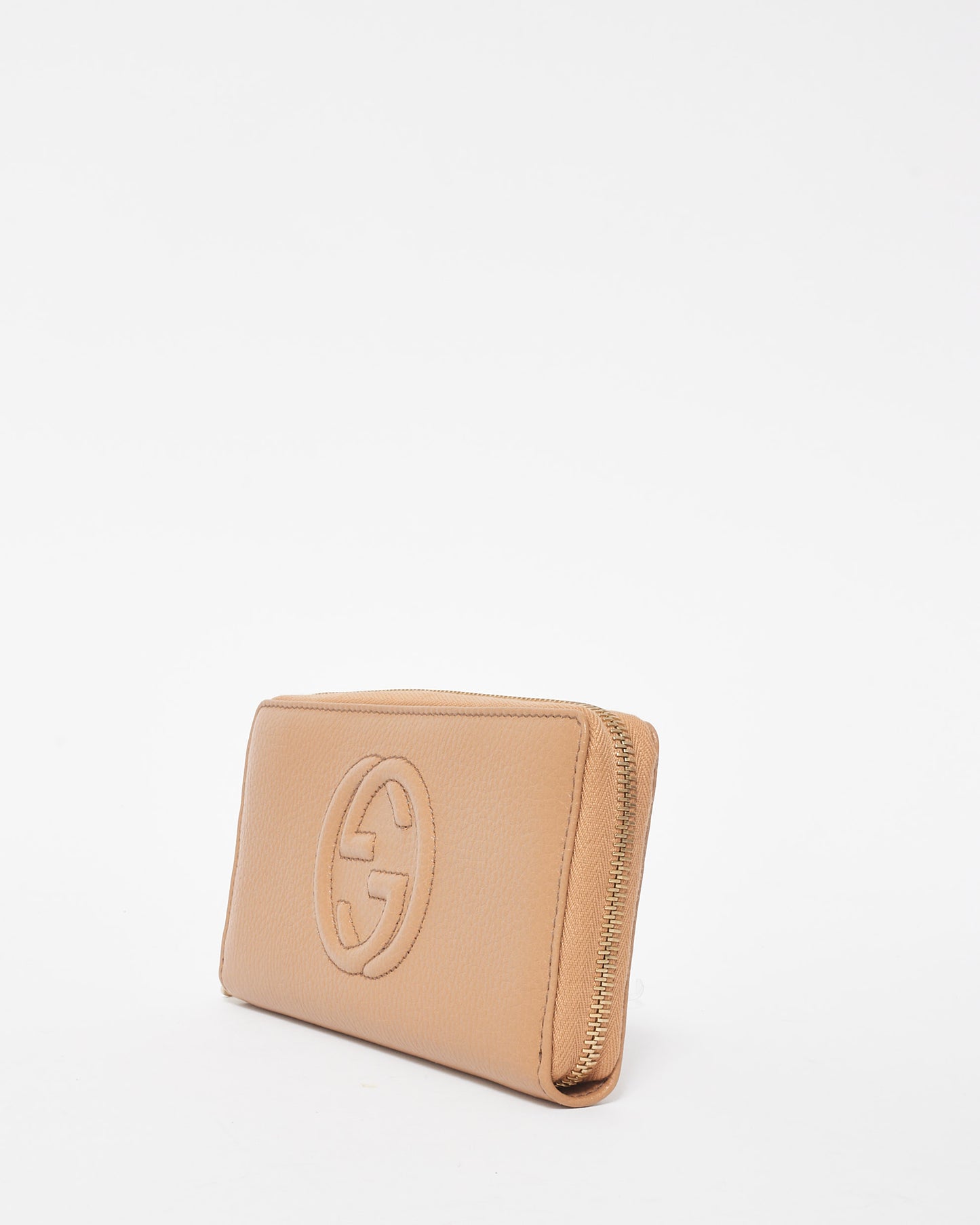 Gucci Beige Leather Embossed Logo Soho Zip Long Wallet