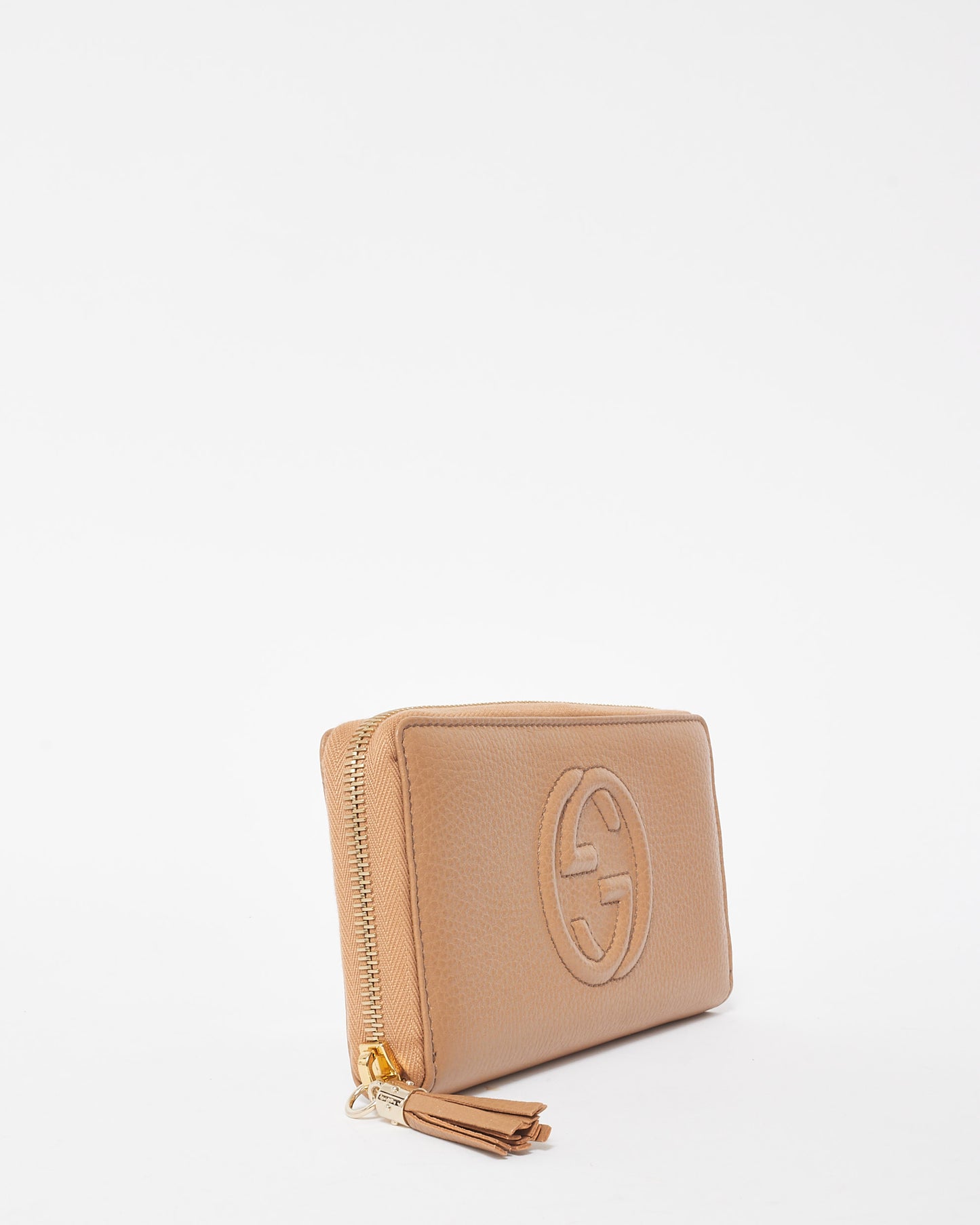 Gucci Beige Leather Embossed Logo Soho Zip Long Wallet