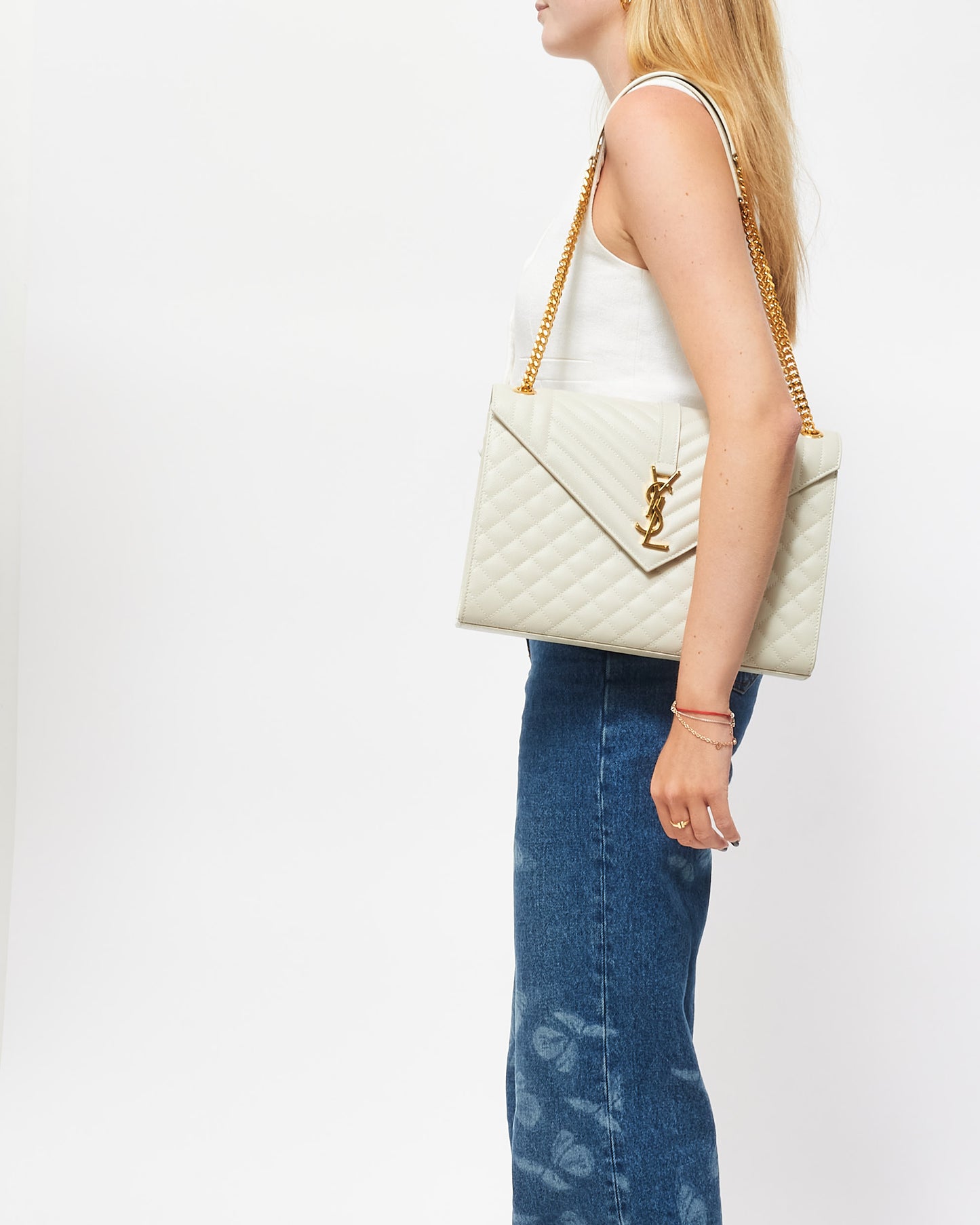 Saint Laurent Ivory Grain De Poude Tri-Quilt Large Envelope Bag