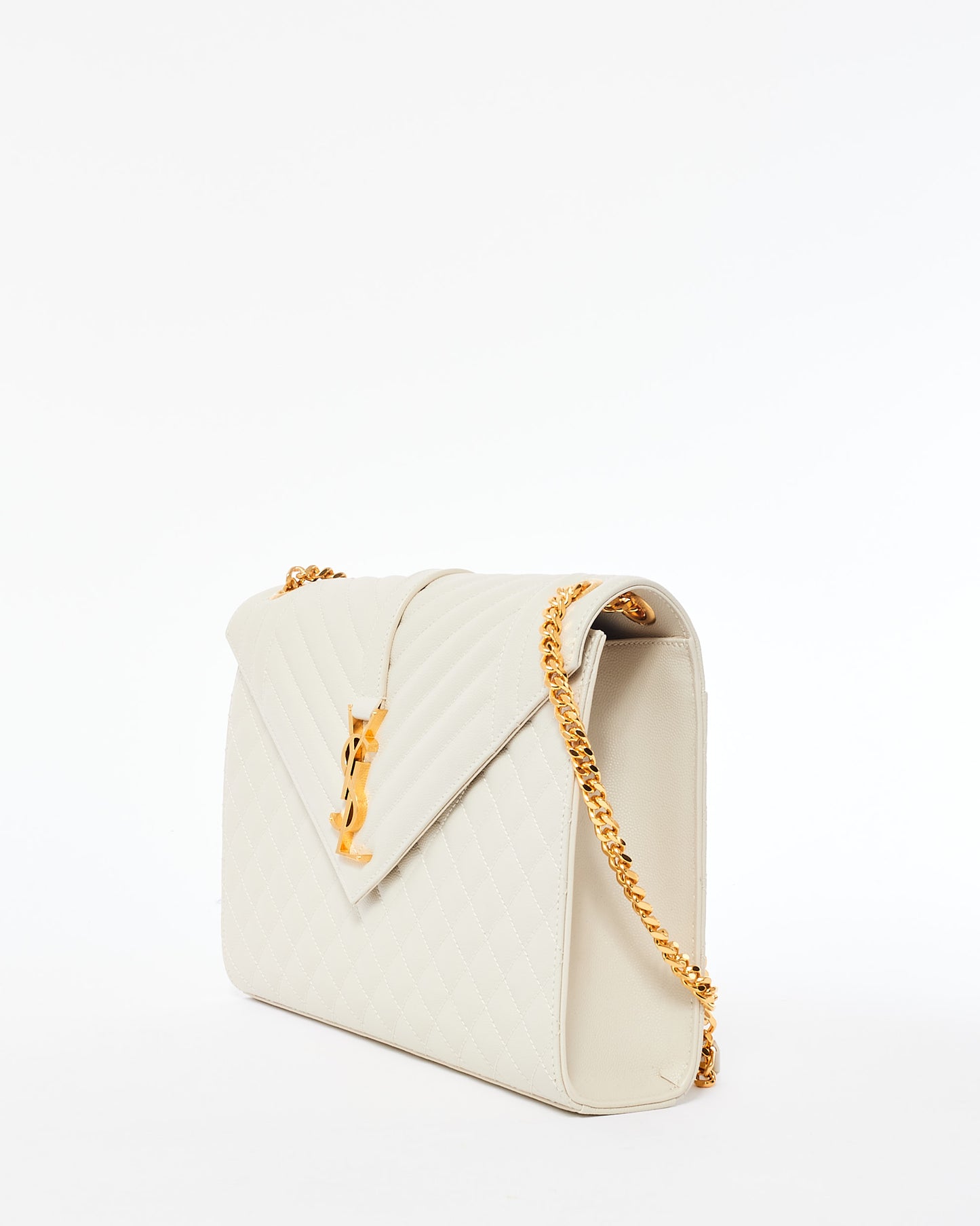 Saint Laurent Ivory Grain De Poude Tri-Quilt Large Envelope Bag