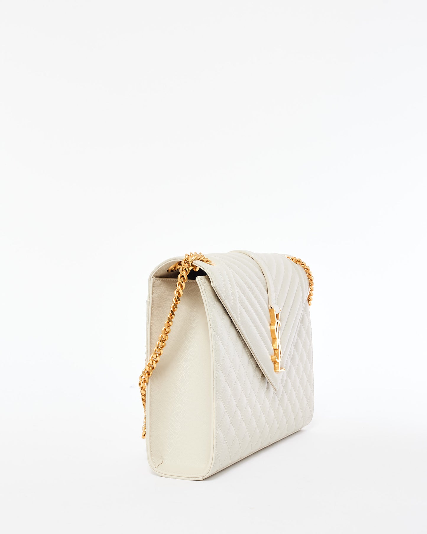 Saint Laurent Ivory Grain De Poude Tri-Quilt Large Envelope Bag