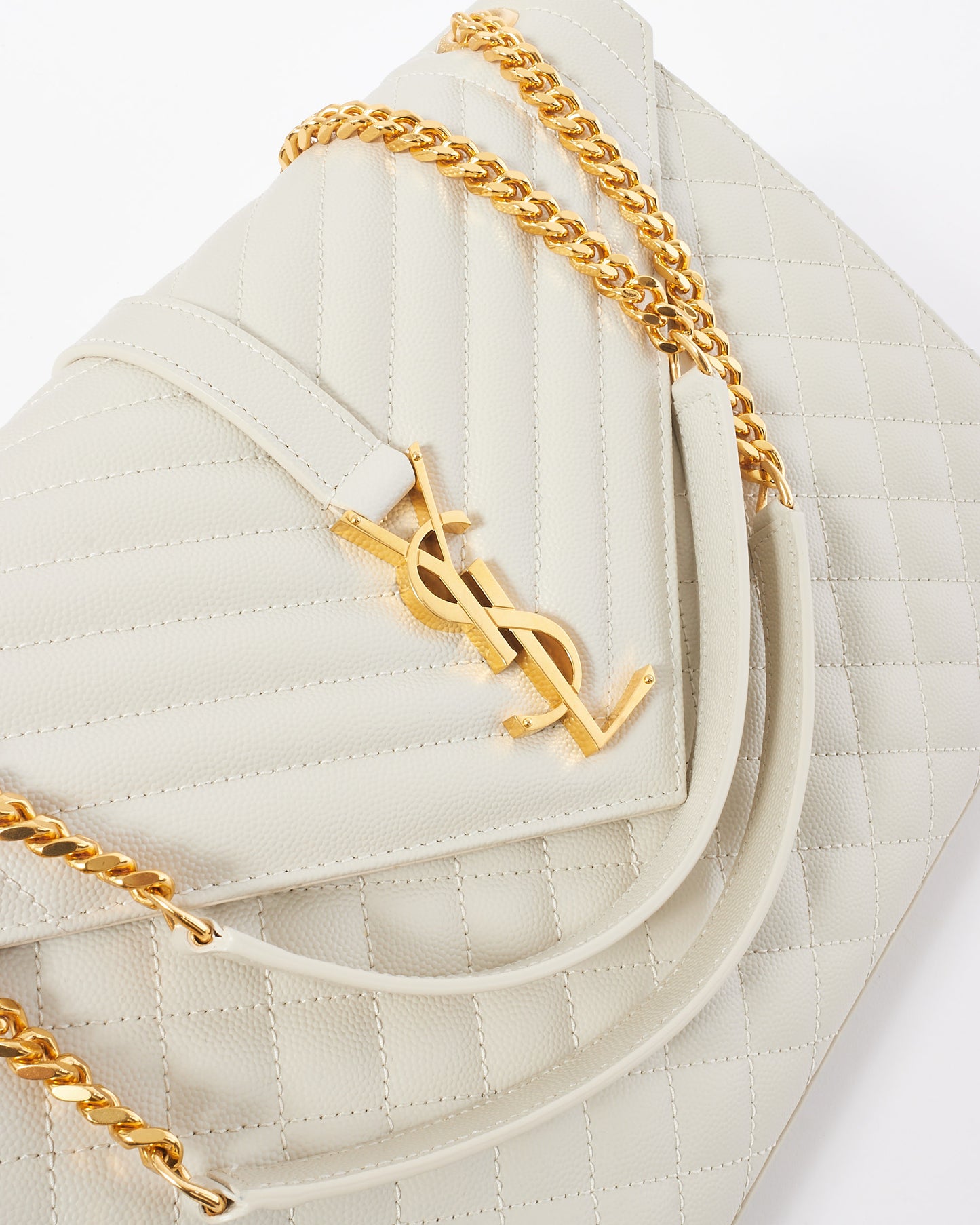 Saint Laurent Ivory Grain De Poude Tri-Quilt Large Envelope Bag