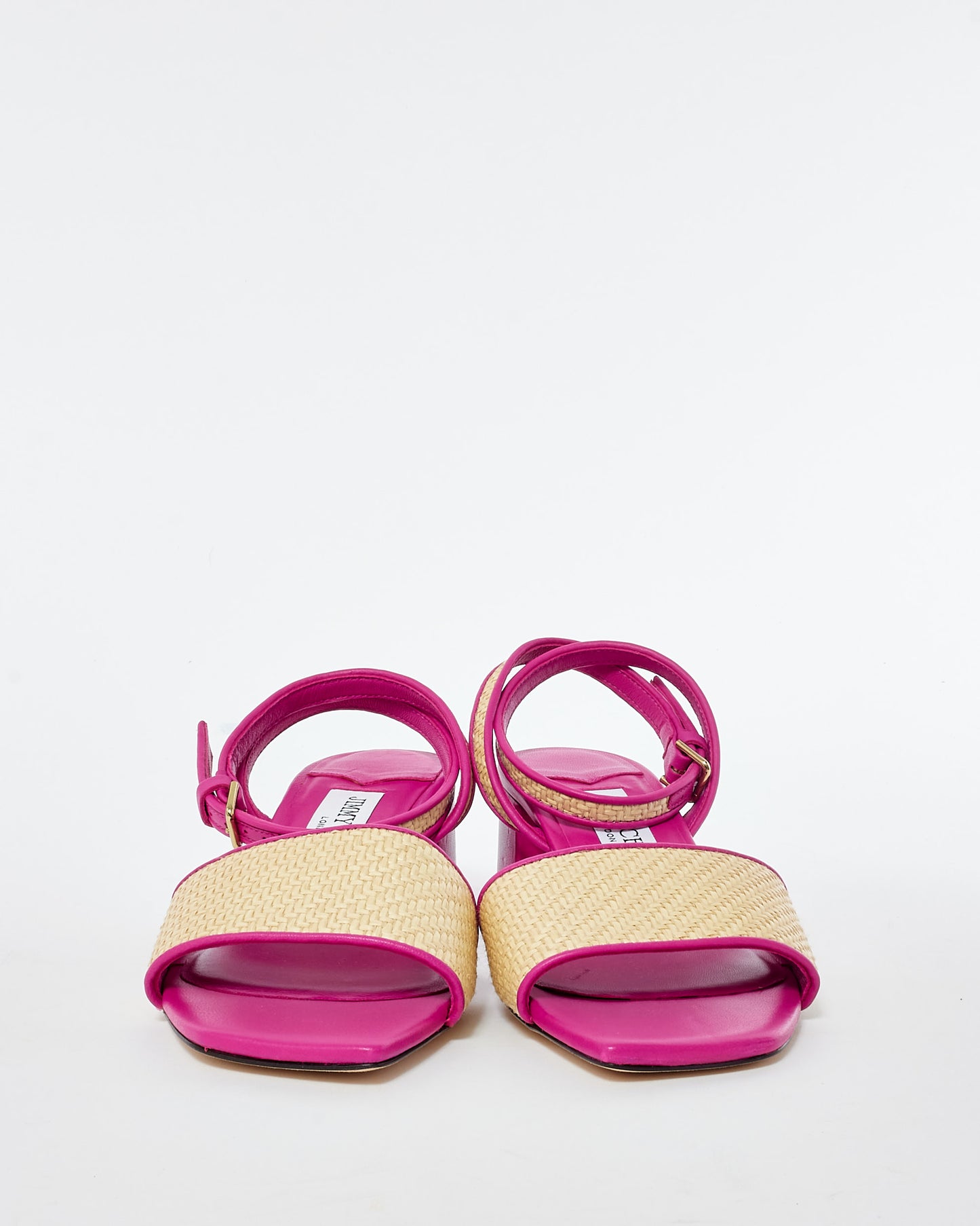 Jimmy Choo Pink Leather 
Raffia Block Heel Sandals - 36.5