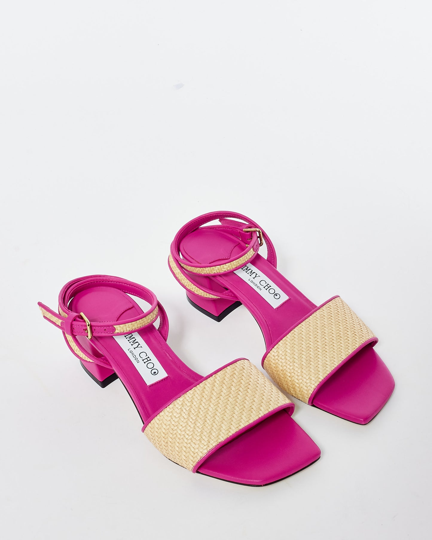 Jimmy Choo Pink Leather 
Raffia Block Heel Sandals - 36.5