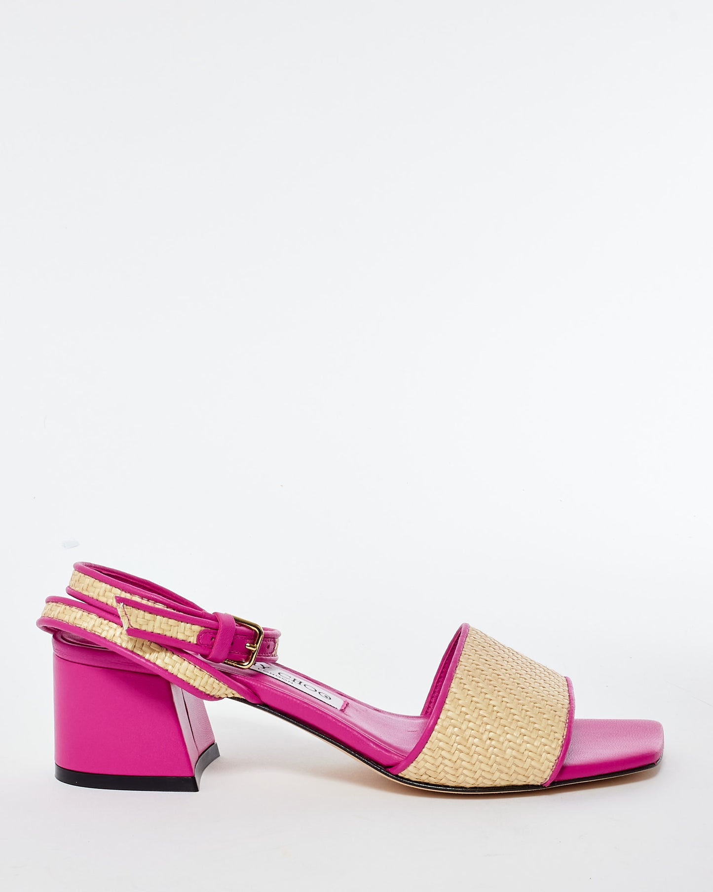 Jimmy Choo Pink Leather 
Raffia Block Heel Sandals - 36.5