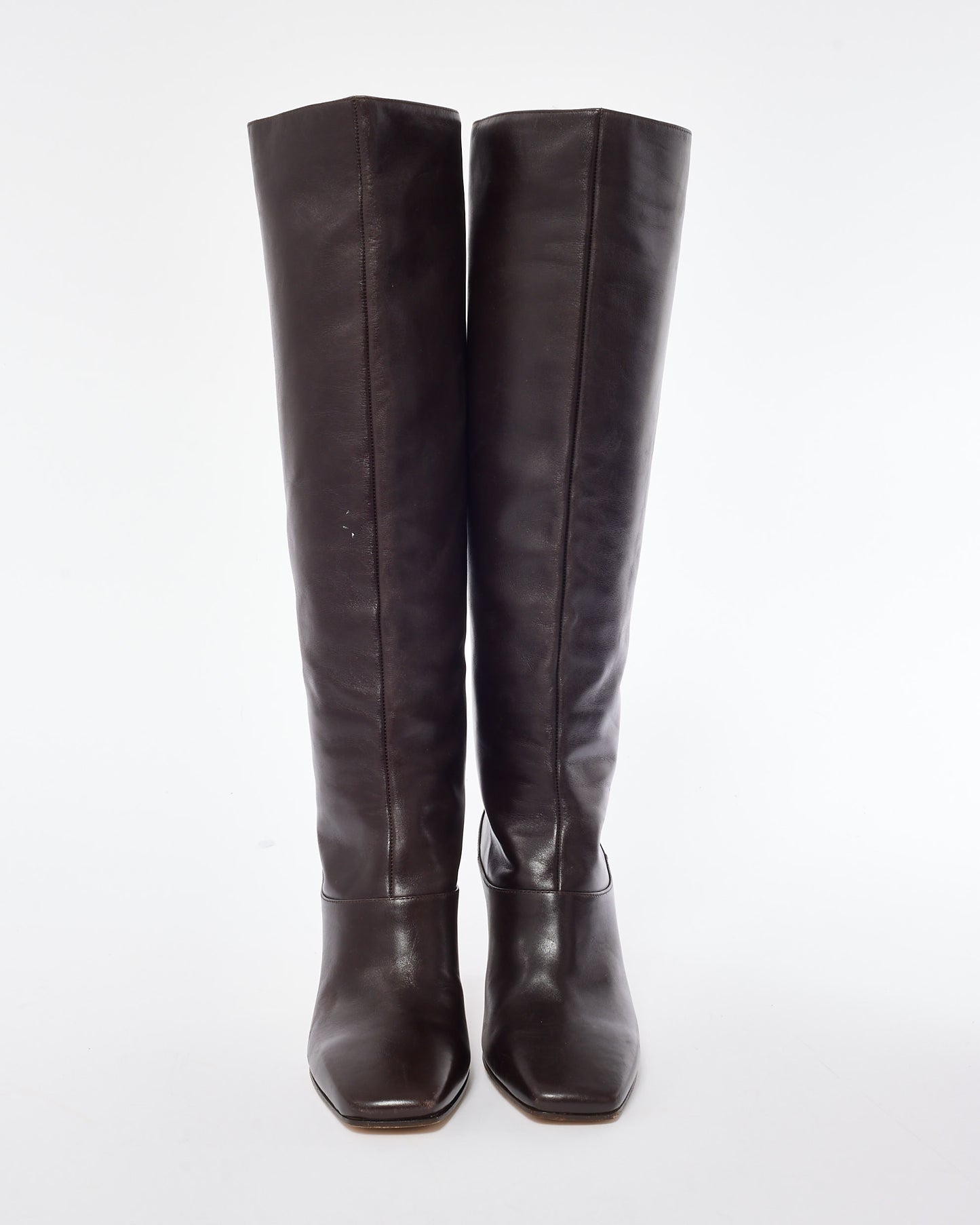 Jimmy Choo Brown Leather Square Toe Knee High Boots - 37