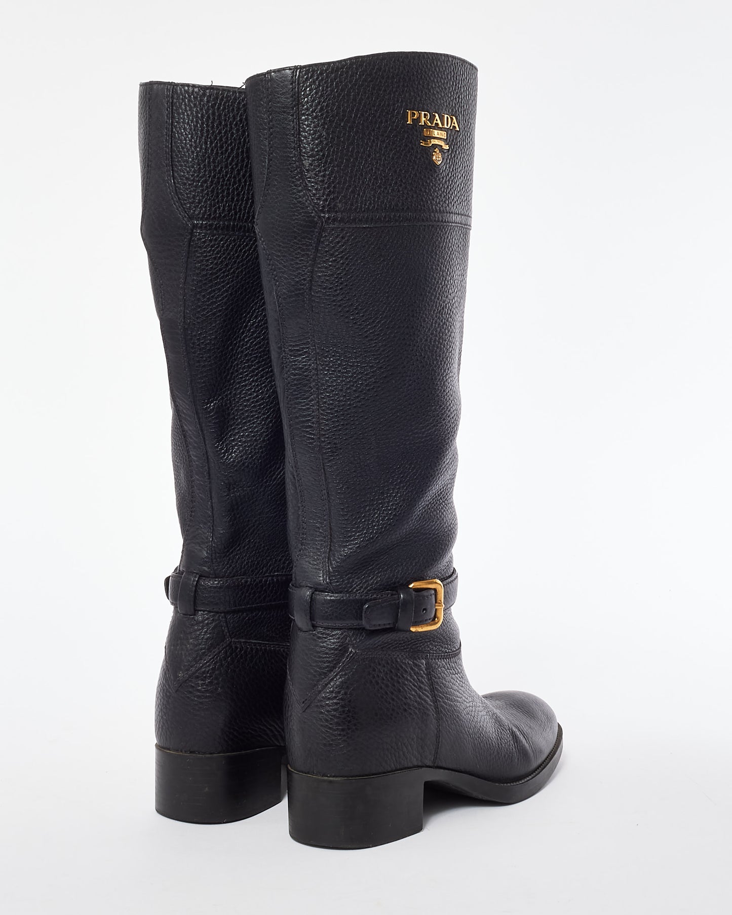 Prada Black Leather Knee High Logo Boots - 7.5