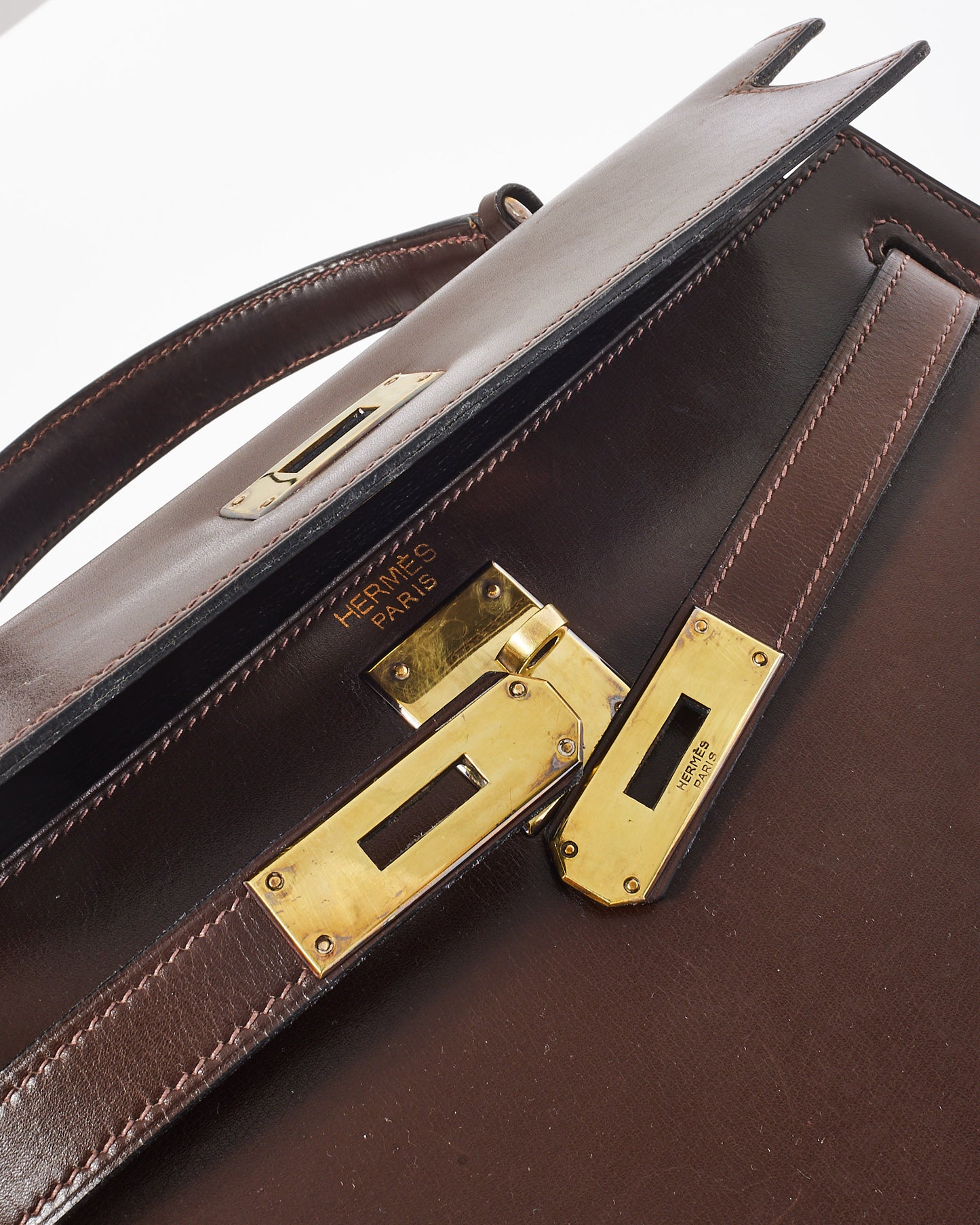 Hermès Brown Box Leather Vintage Kelly Sellier 28 GHW