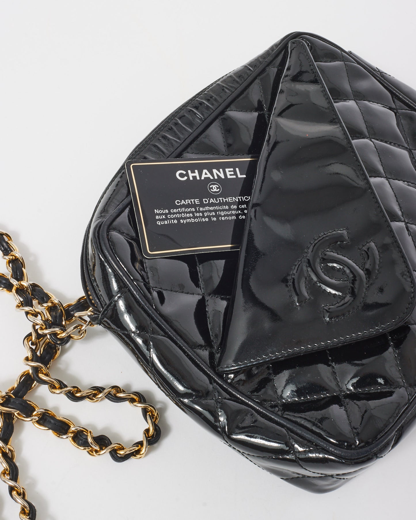 Chanel Vintage Black Patent Leather Quilted Camera Bag