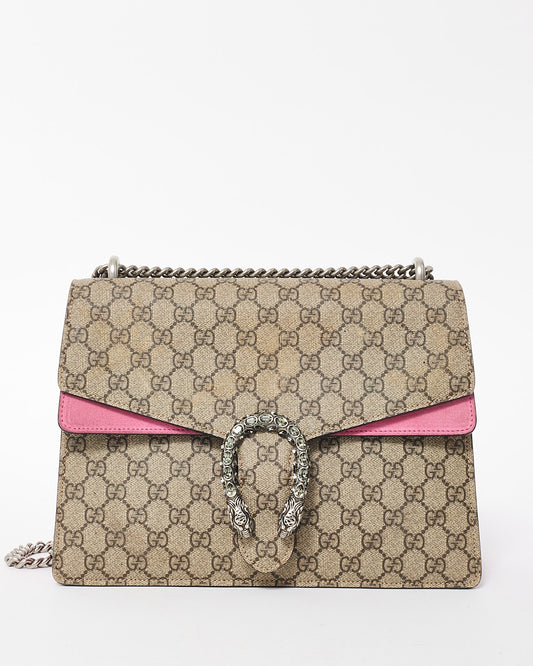 Gucci Beige Monogram GG Supreme Canvas 
Pink Jewel Dionysus Large Shoulder Bag