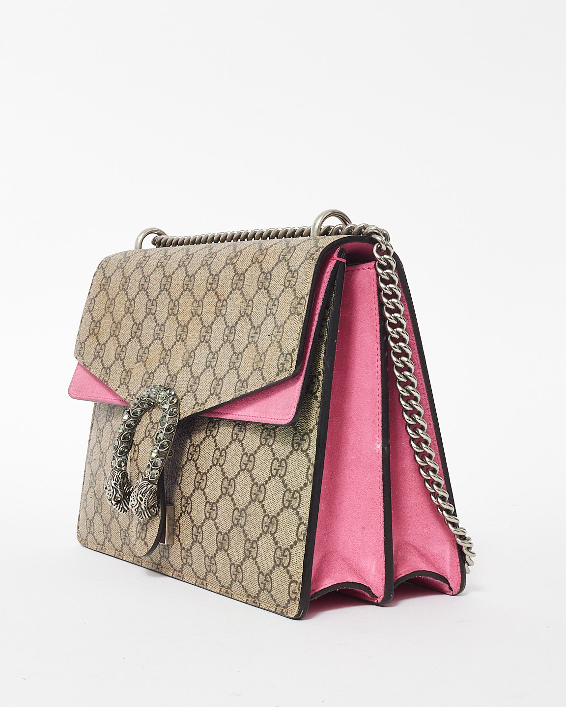 Gucci Beige Monogram GG Supreme Canvas 
Pink Jewel Dionysus Large Shoulder Bag