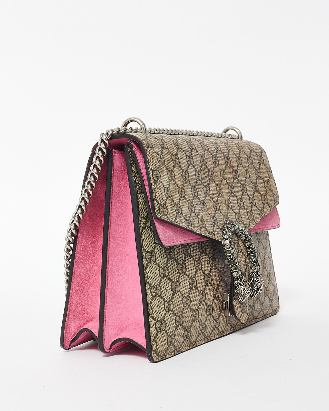 Gucci Beige Monogram GG Supreme Canvas 
Pink Jewel Dionysus Large Shoulder Bag