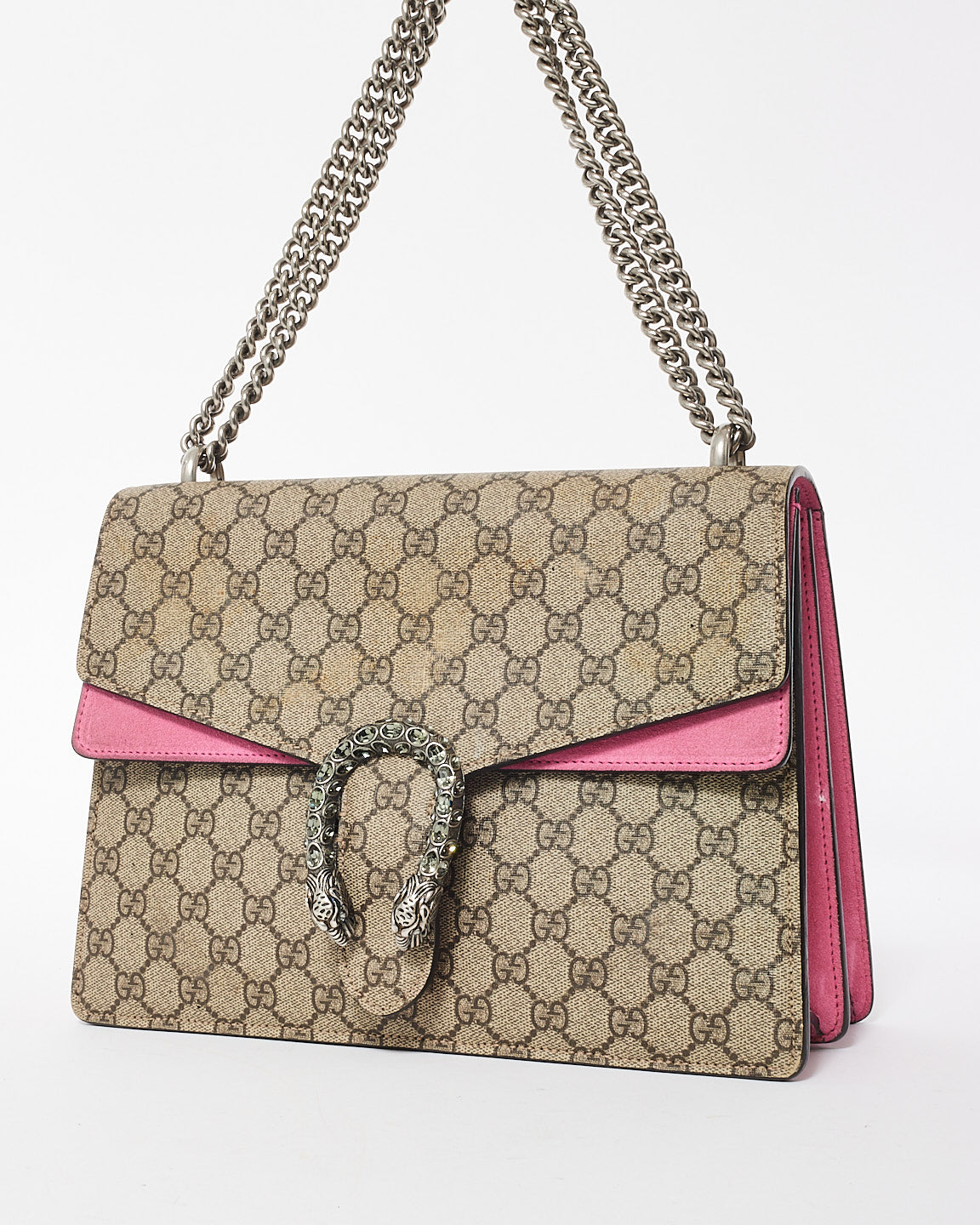 Gucci Beige Monogram GG Supreme Canvas 
Pink Jewel Dionysus Large Shoulder Bag