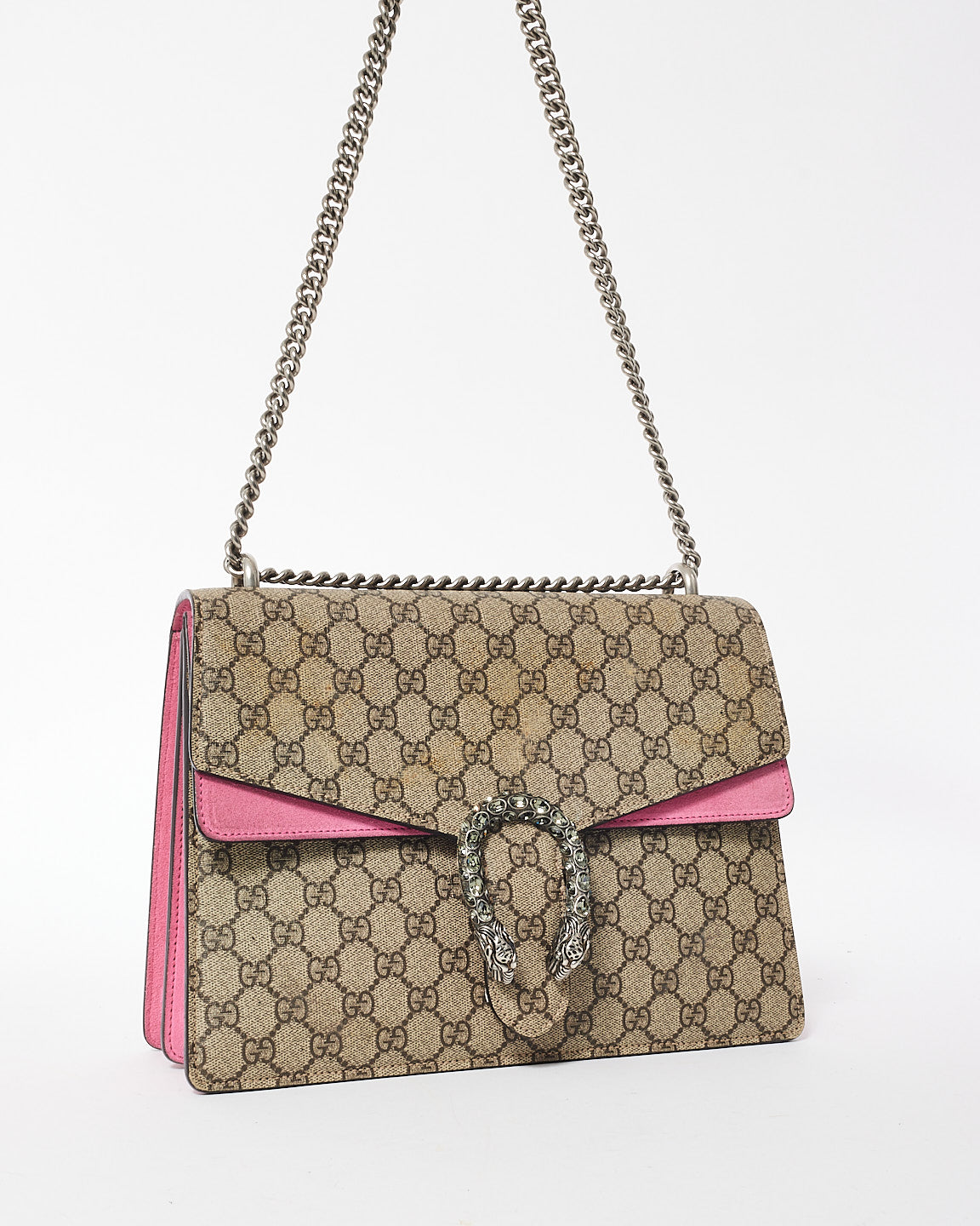 Gucci Beige Monogram GG Supreme Canvas 
Pink Jewel Dionysus Large Shoulder Bag