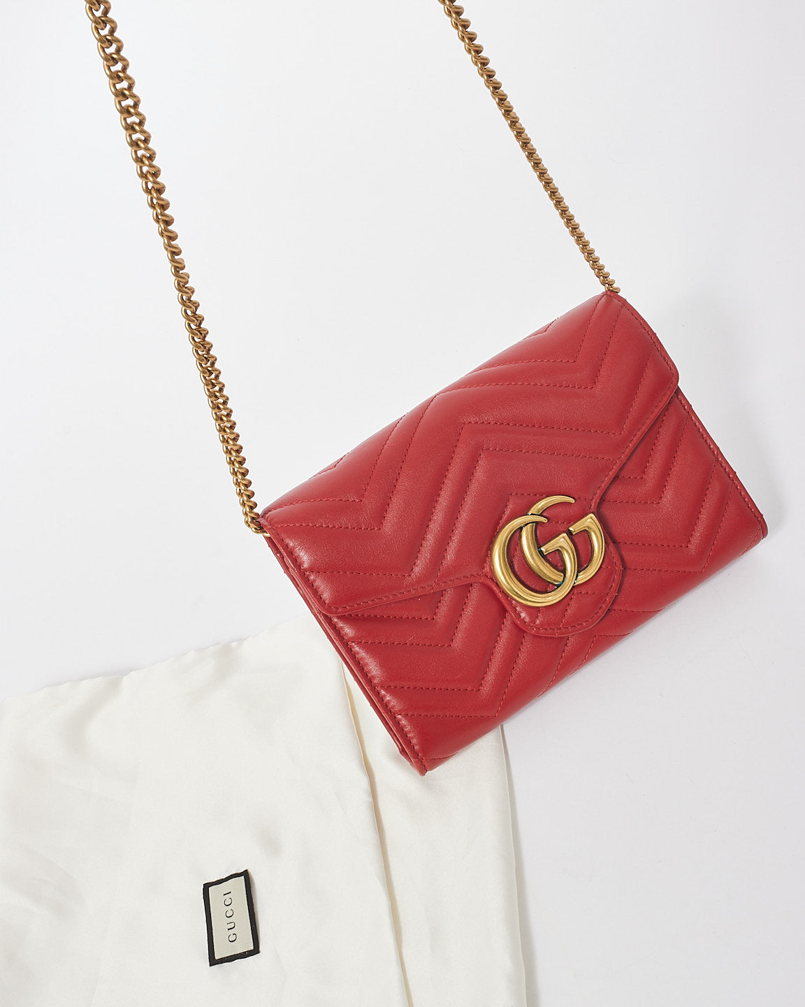 Gucci Red Leather GG Marmont Wallet On Chain Crossbody Bag