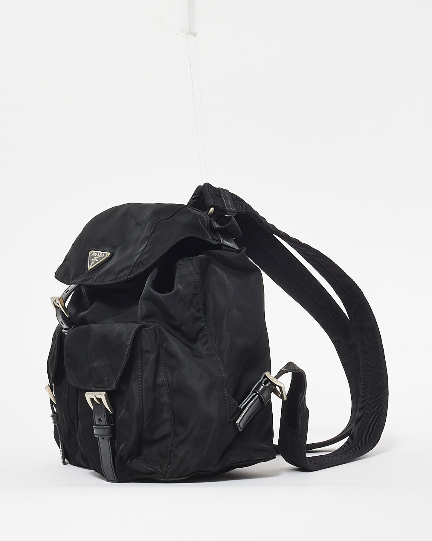 Prada Black Tessuto Nylon Double Pocket Buckle Small Backpack