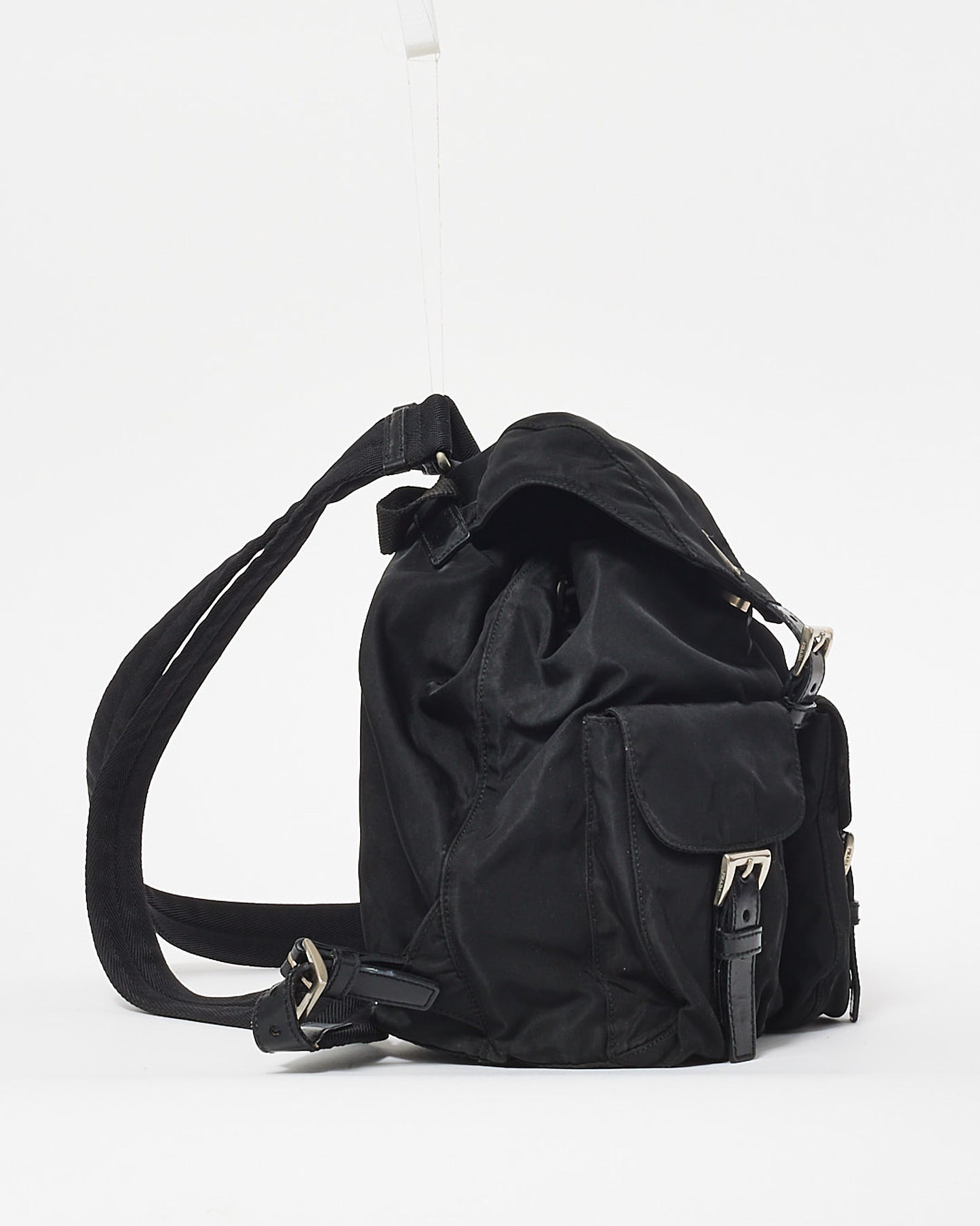 Prada Black Tessuto Nylon Double Pocket Buckle Small Backpack