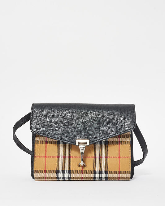 Burberry Check Canvas 
Black Leather Small Macken Crossbody Bag