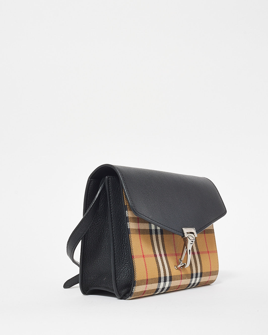 Burberry Check Canvas 
Black Leather Small Macken Crossbody Bag