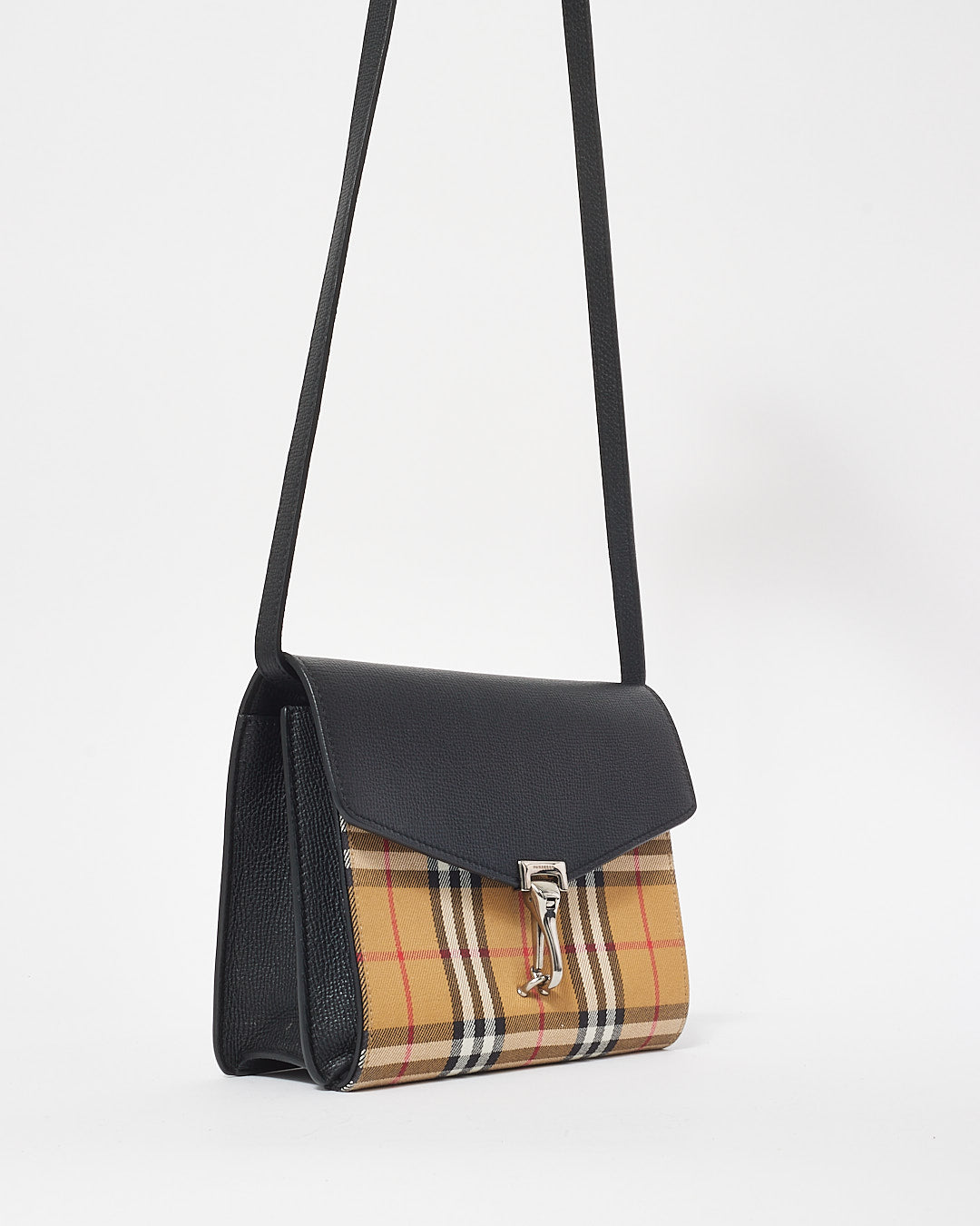 Burberry Check Canvas 
Black Leather Small Macken Crossbody Bag