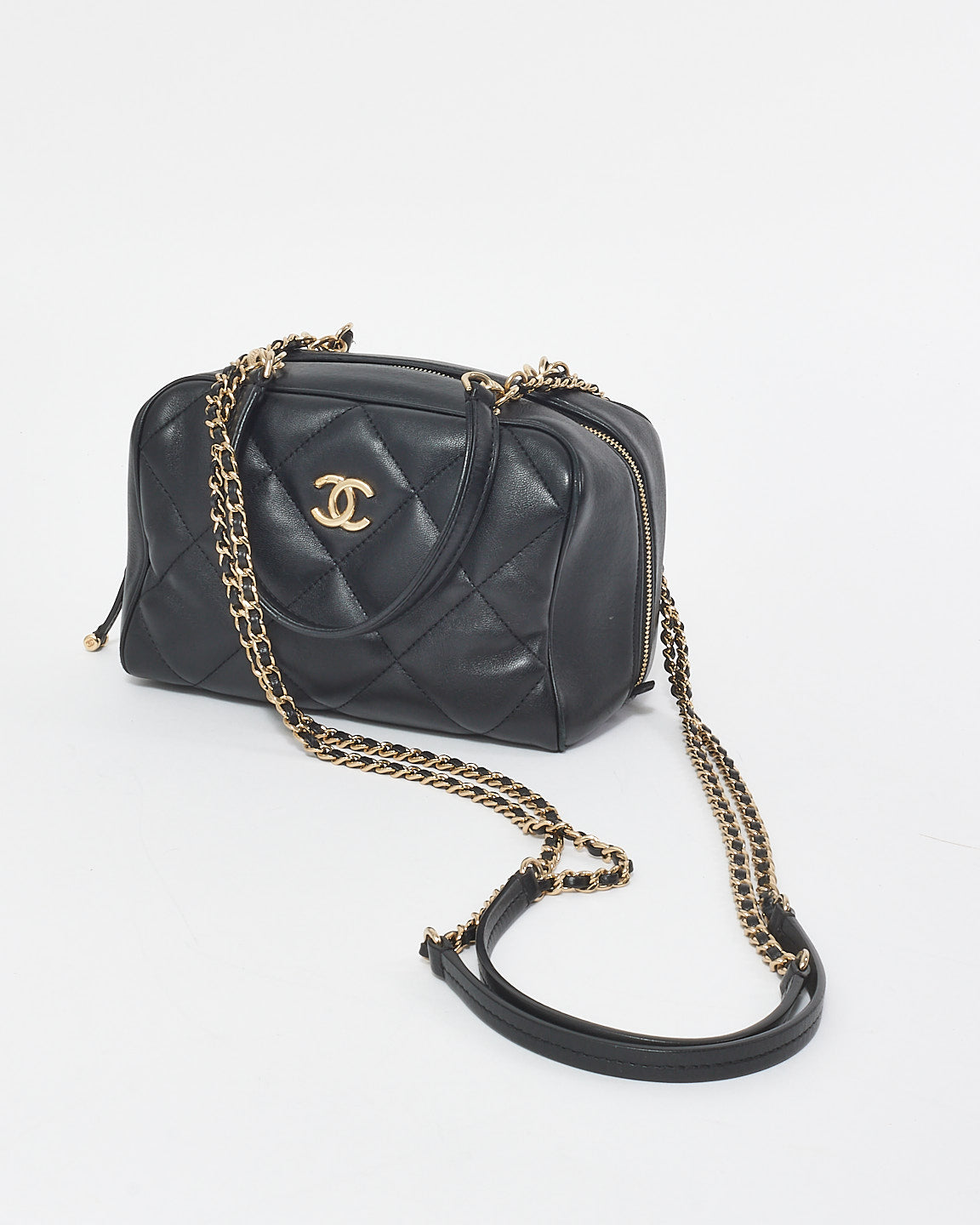 Chanel Black Quilted Lambskin Leather Small Bowling GHW