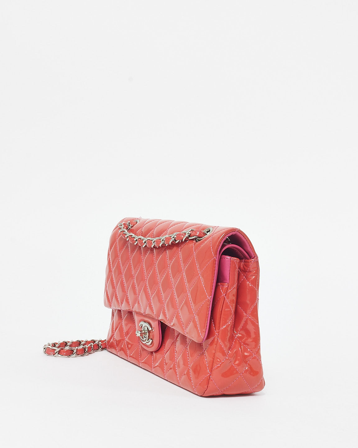 Chanel Coral Patent Leather 
Pink Leather Interior Medium Classic Double Flap Bag