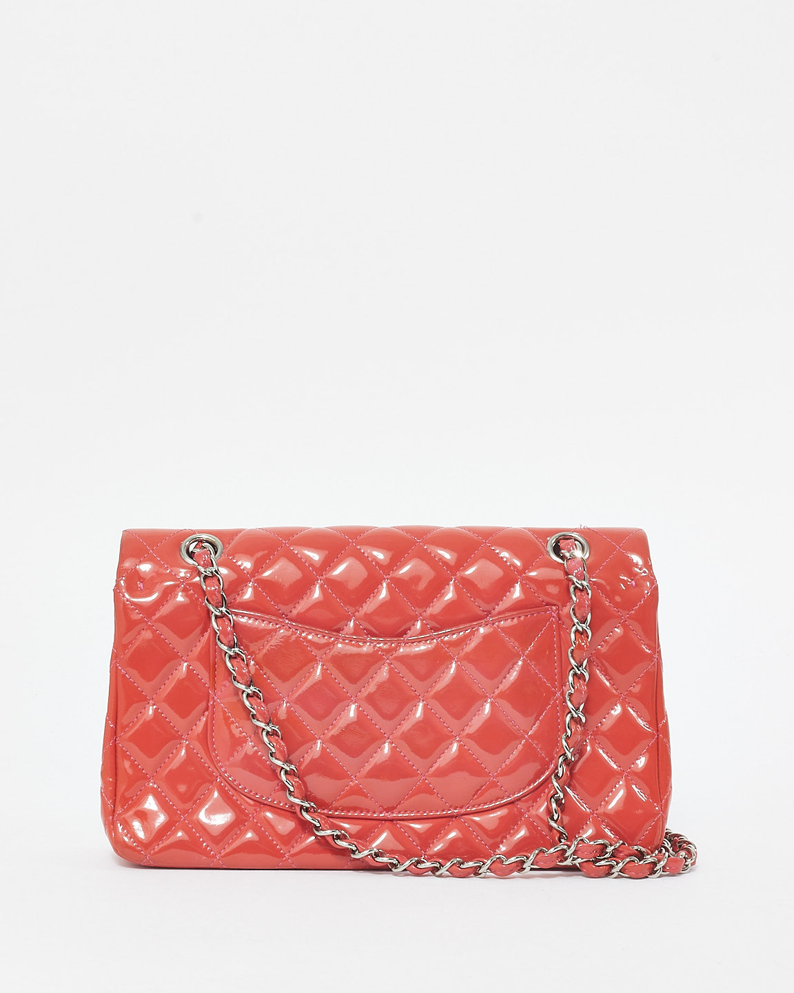 Chanel Coral Patent Leather 
Pink Leather Interior Medium Classic Double Flap Bag