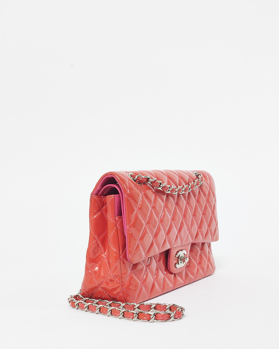 Chanel Coral Patent Leather 
Pink Leather Interior Medium Classic Double Flap Bag