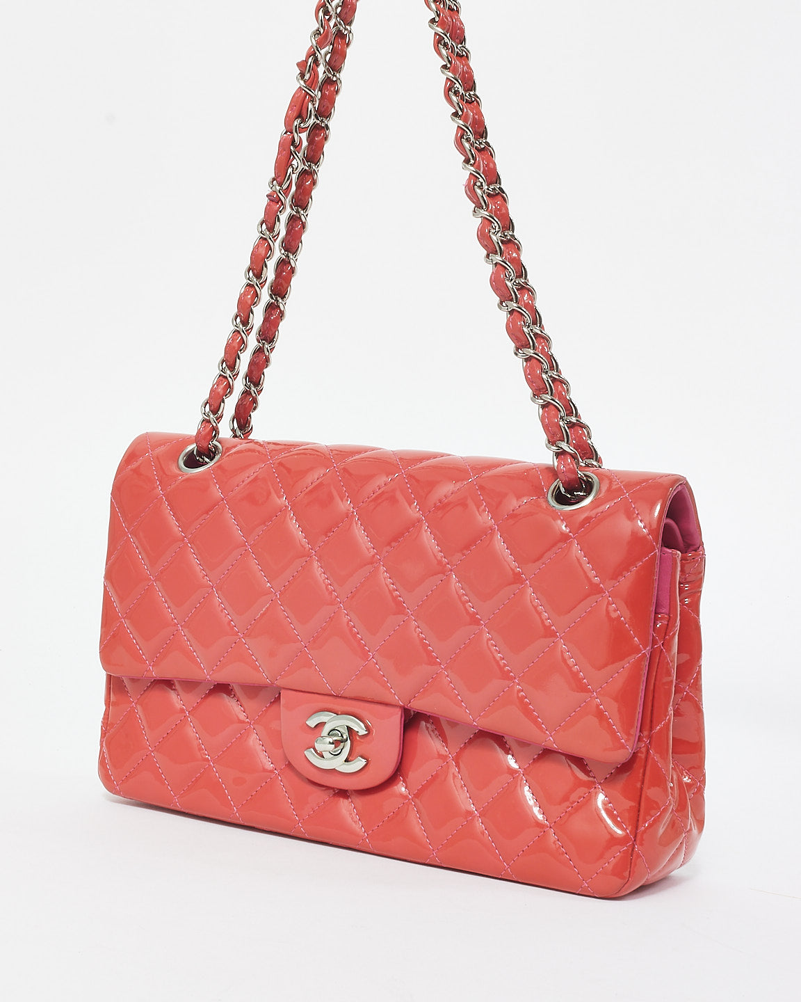 Chanel Coral Patent Leather 
Pink Leather Interior Medium Classic Double Flap Bag