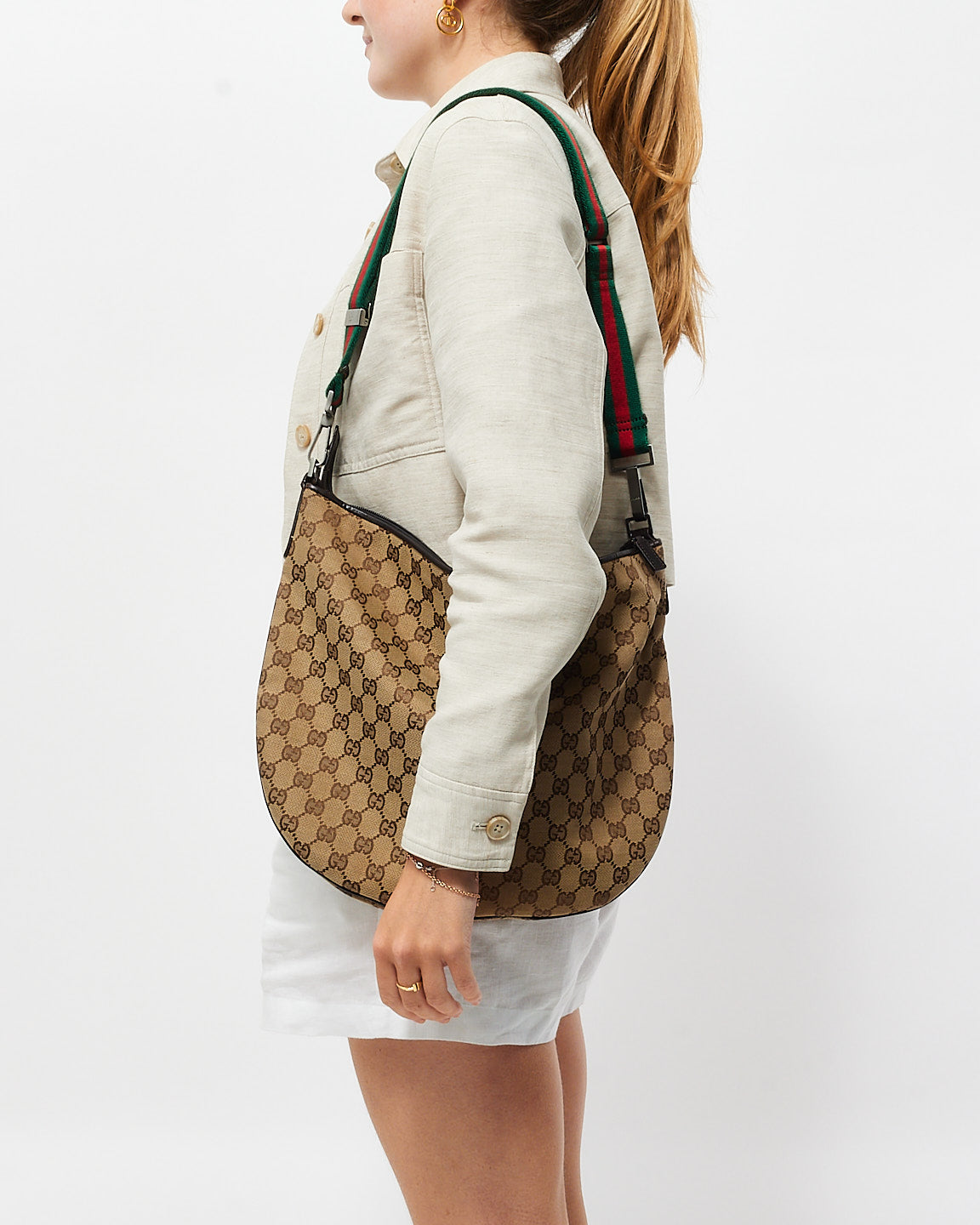 Gucci Monogram Canvas Web Saddle Crossbody Saddle Bag