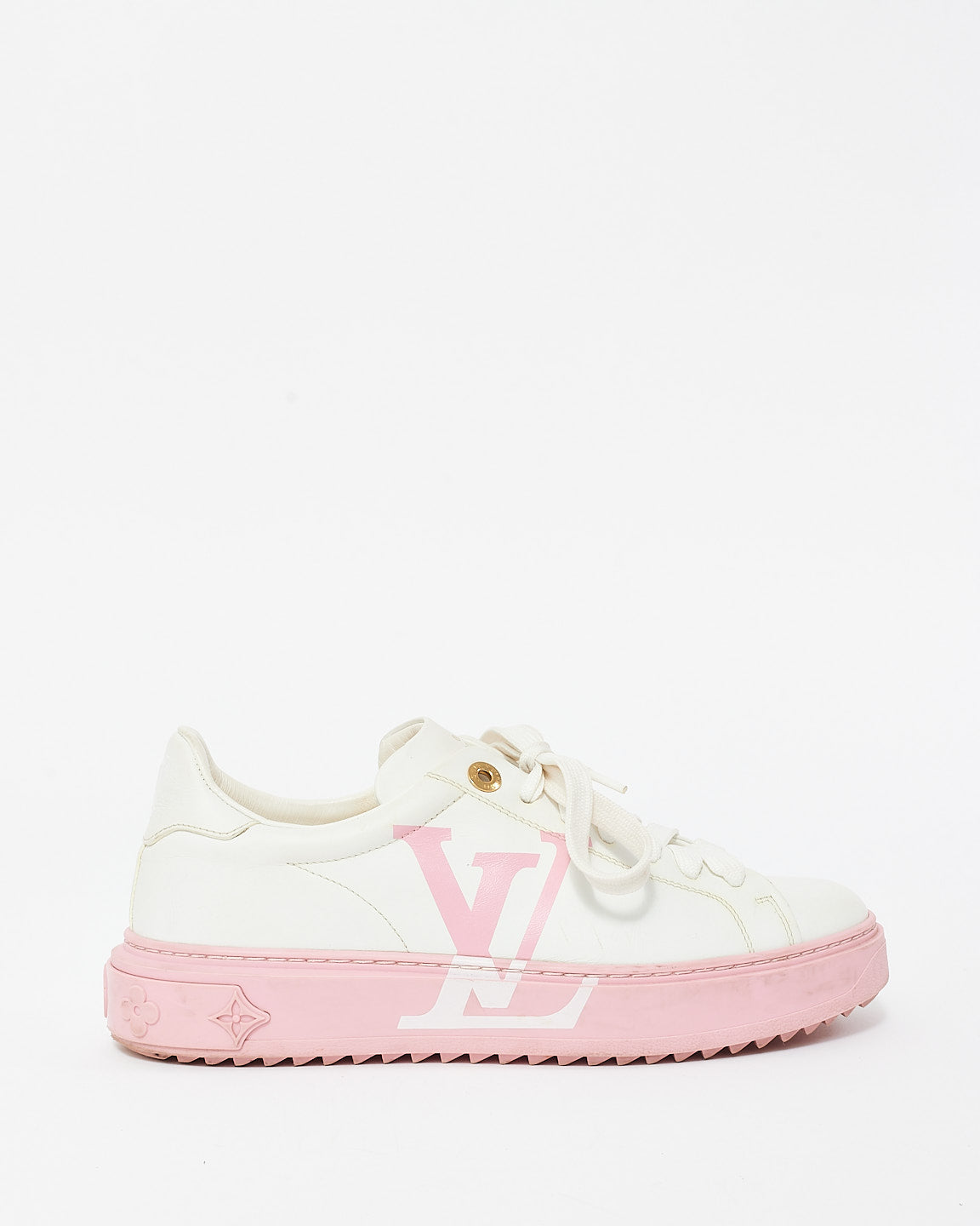 Louis Vuitton White 
Pink Leather Logo Time Out Platform Sneaker - 39