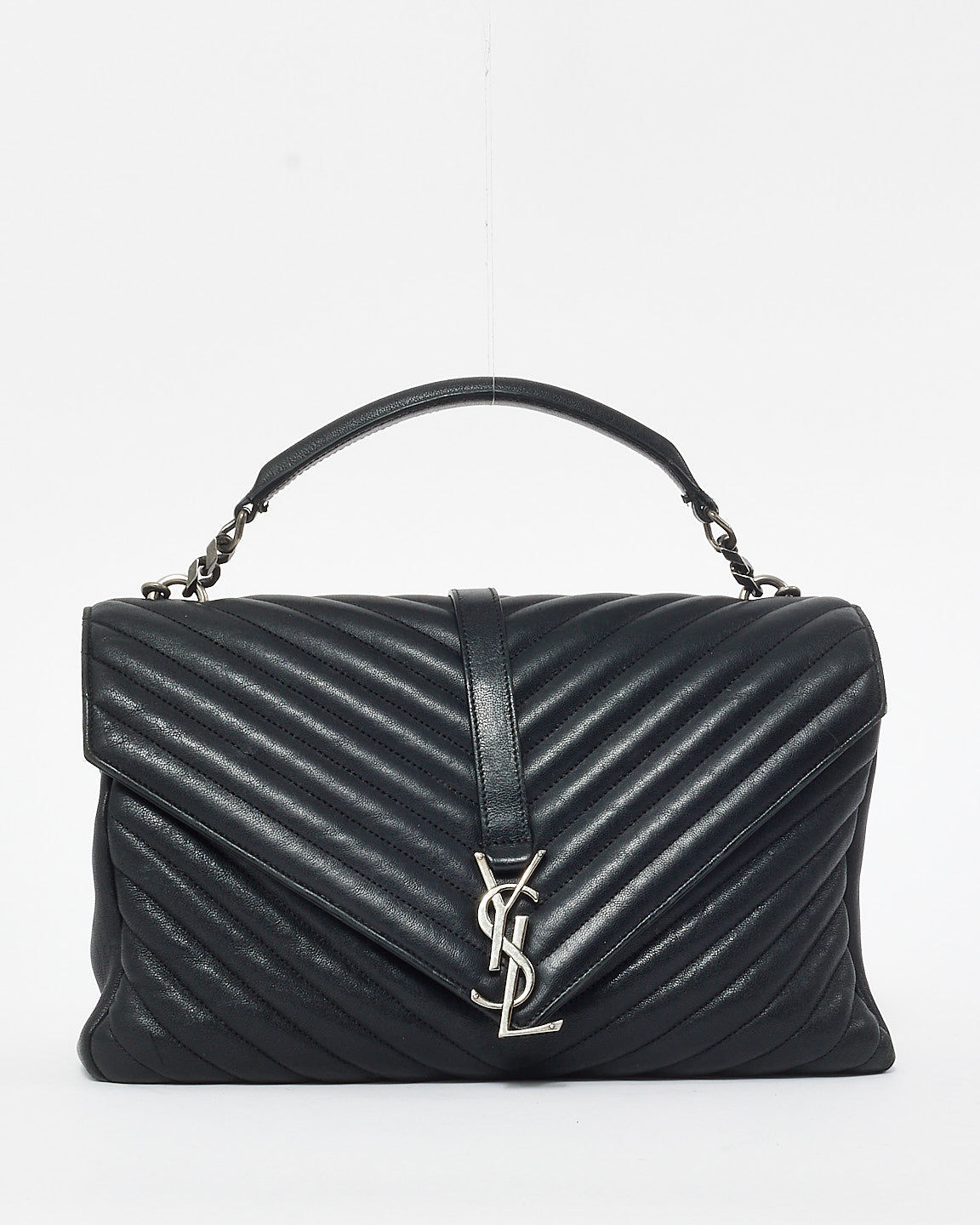 Saint Laurent Black Chevron Leather Medium College Bag