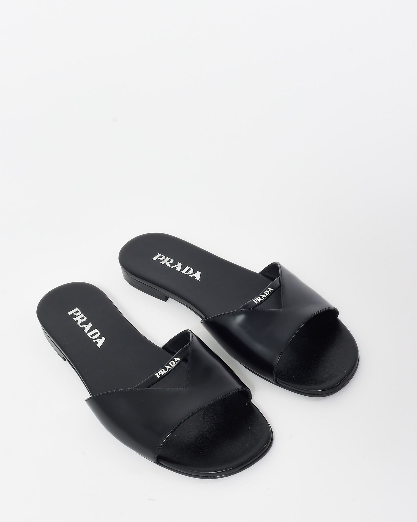 Prada Black Leather Logo Slide Sandals - 38.5