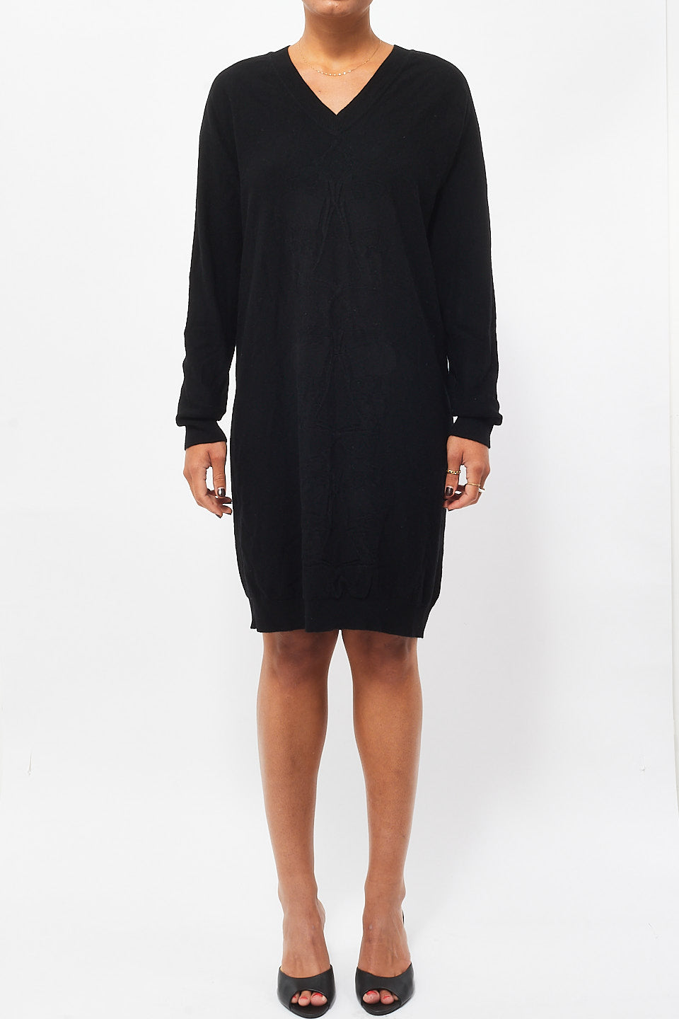 Hermès Black Wool 
Cashmere V-Neck Long Sleeve Sweater Dress - 36