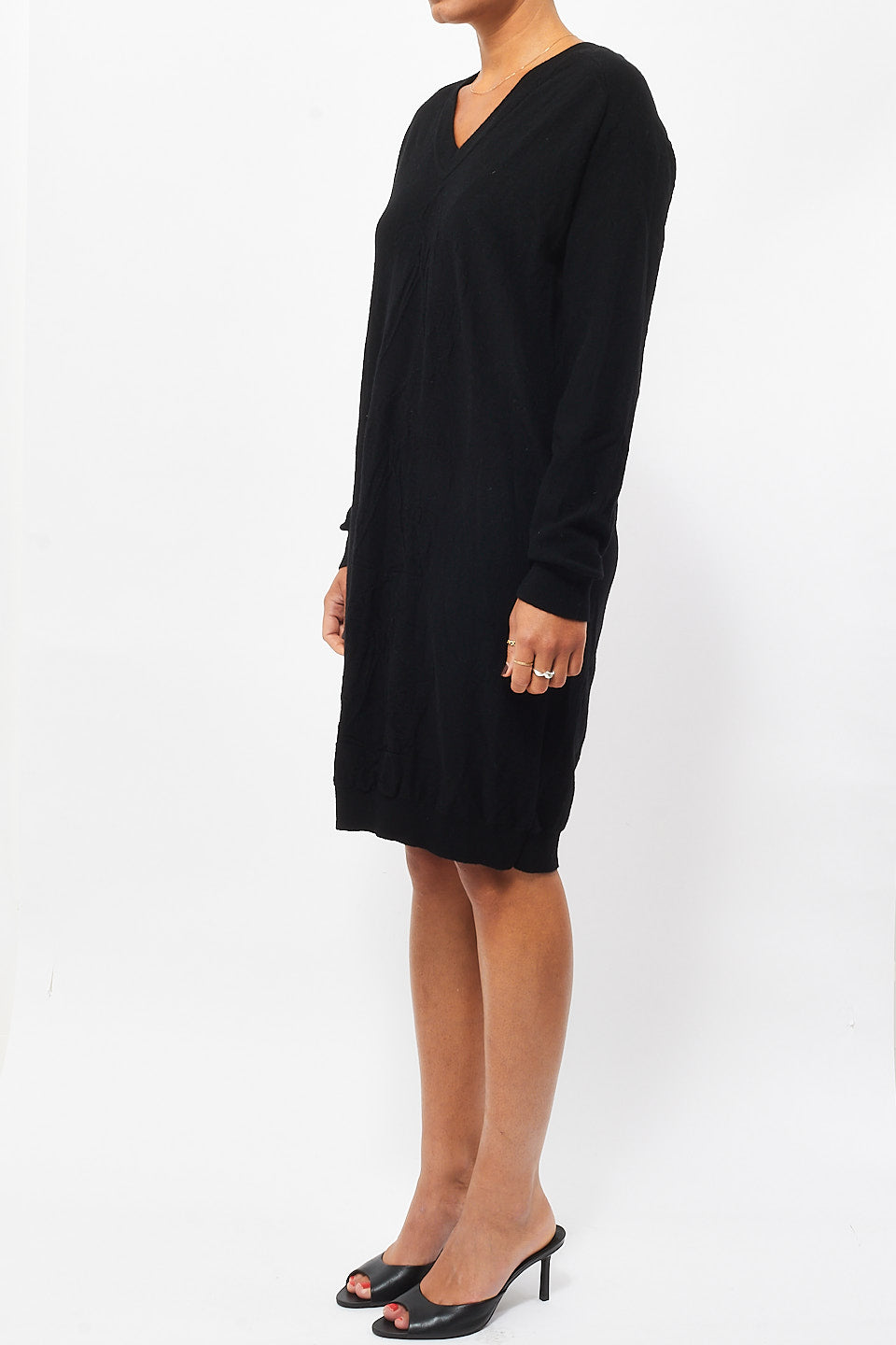 Hermès Black Wool 
Cashmere V-Neck Long Sleeve Sweater Dress - 36