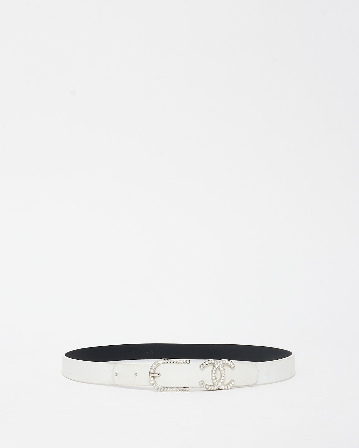 Chanel White Leather 
Crystal Logo Belt - 75/30