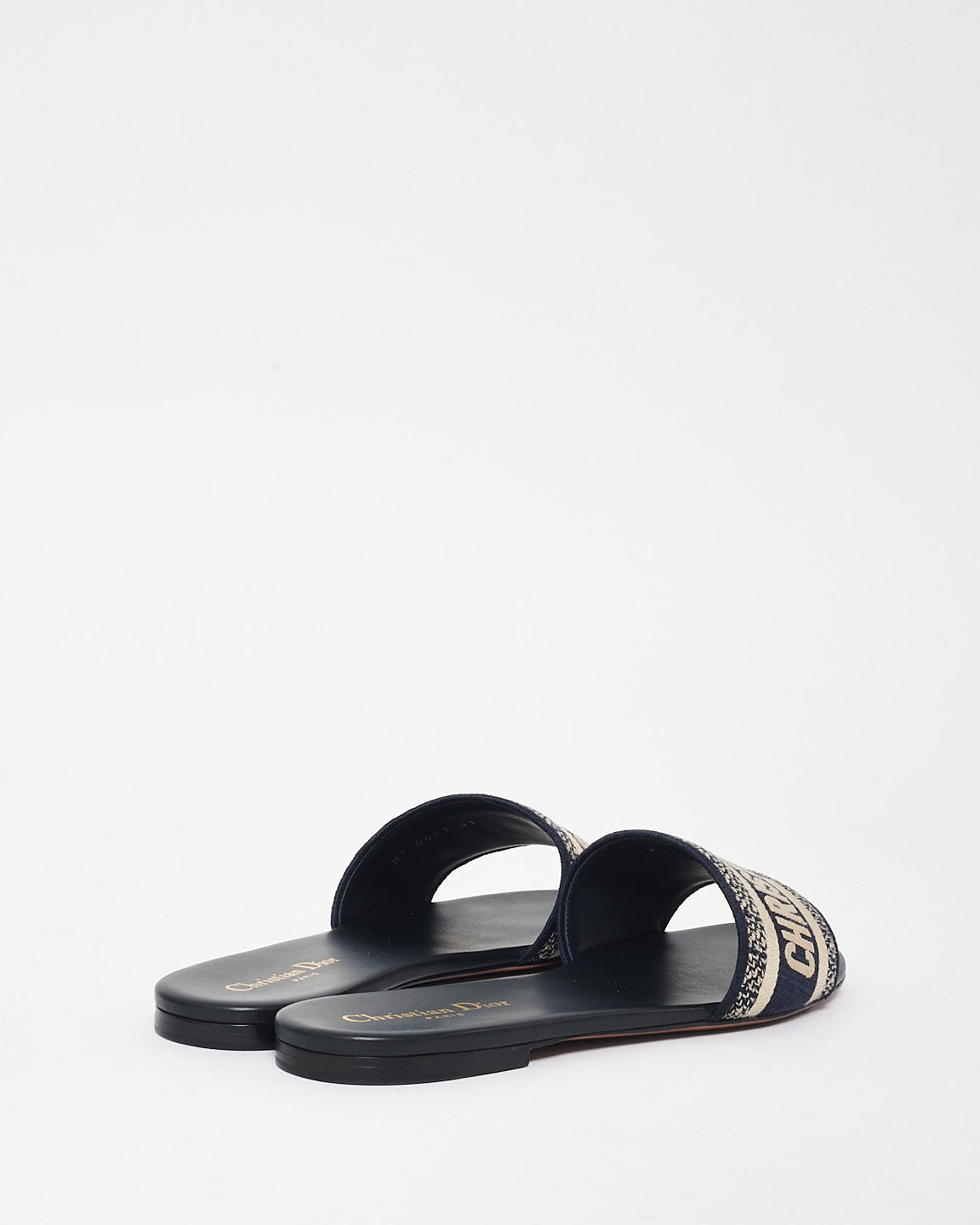 Dior Navy Blue 
Cream Embroidered Cotton D WAY Slides - 41