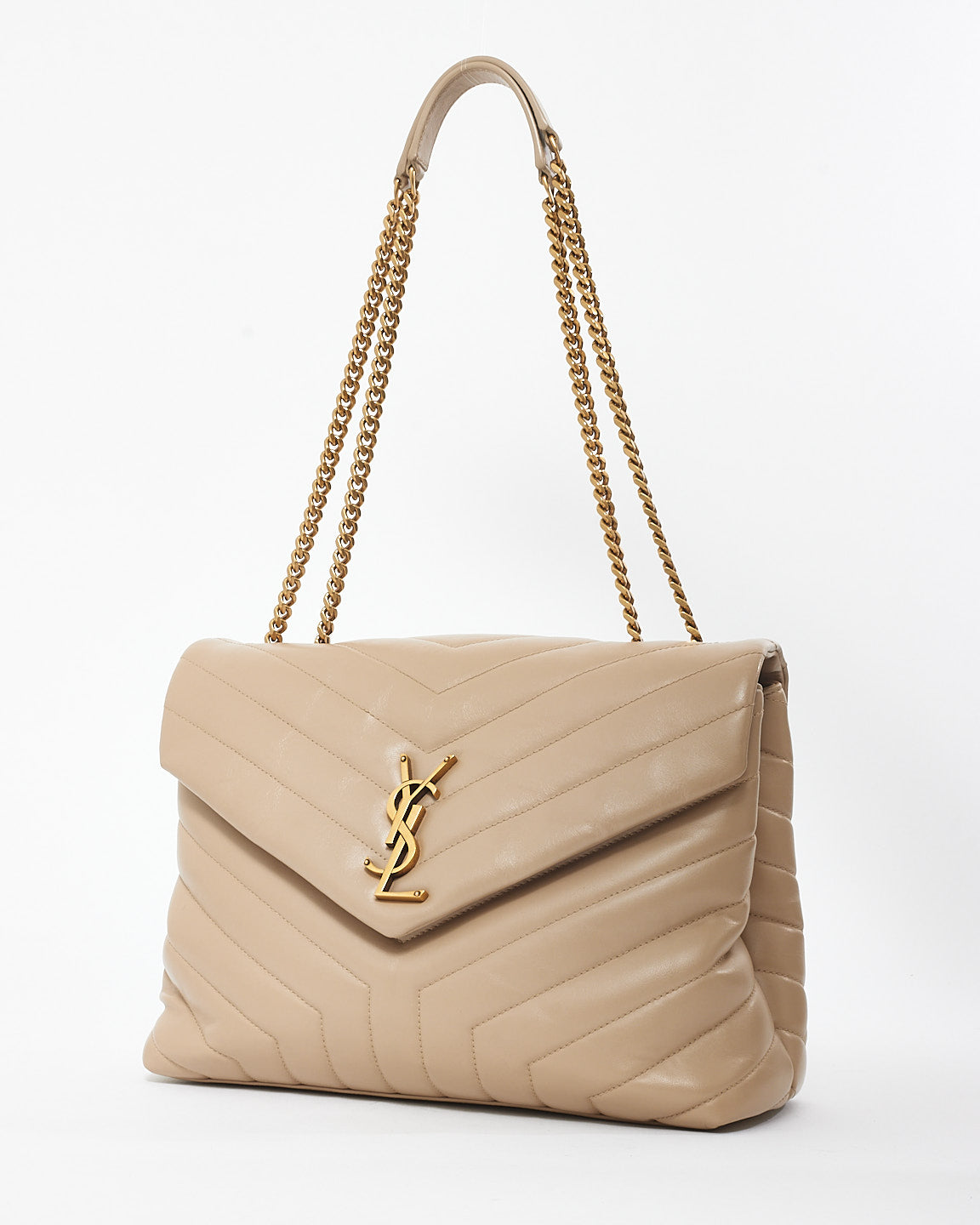 Saint Laurent Beige Chevron Leather Medium Loulou Shoulder Bag GHW