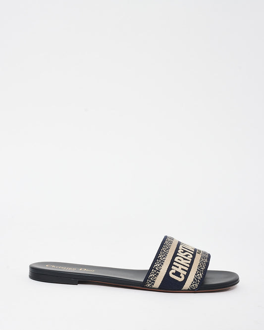 Dior Navy Blue 
Cream Embroidered Cotton D WAY Slides - 41