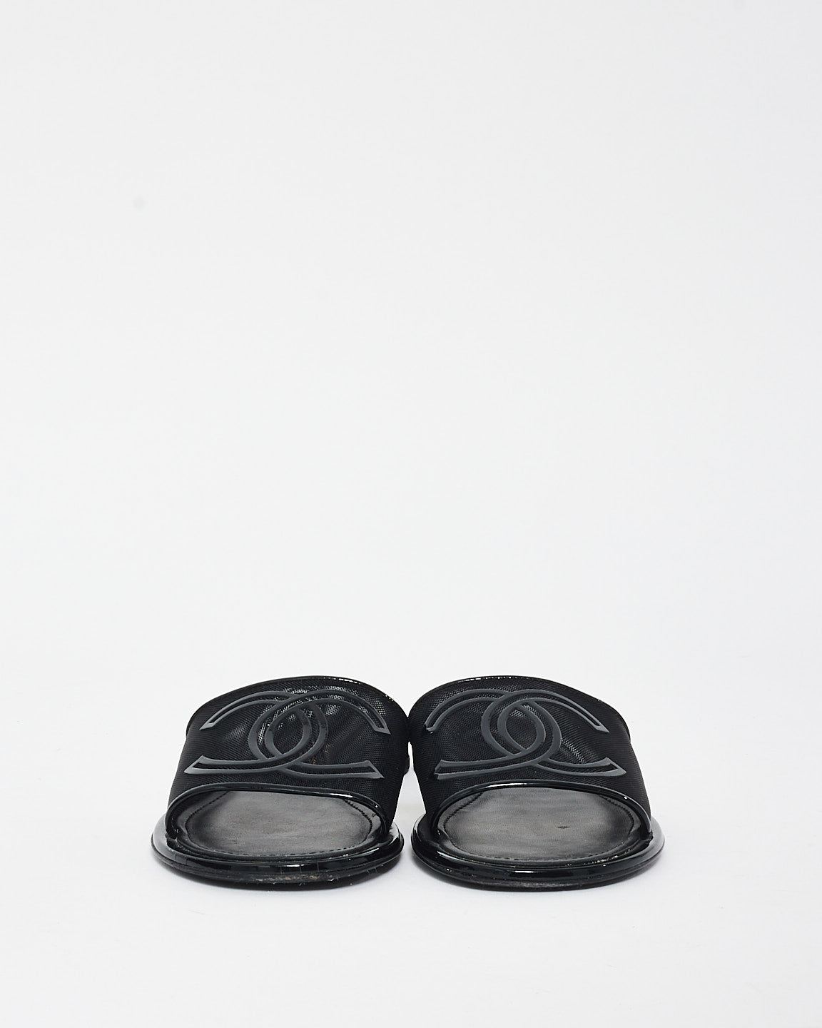 Chanel Black Mesh 
Patent Leather Logo Slides - 36C